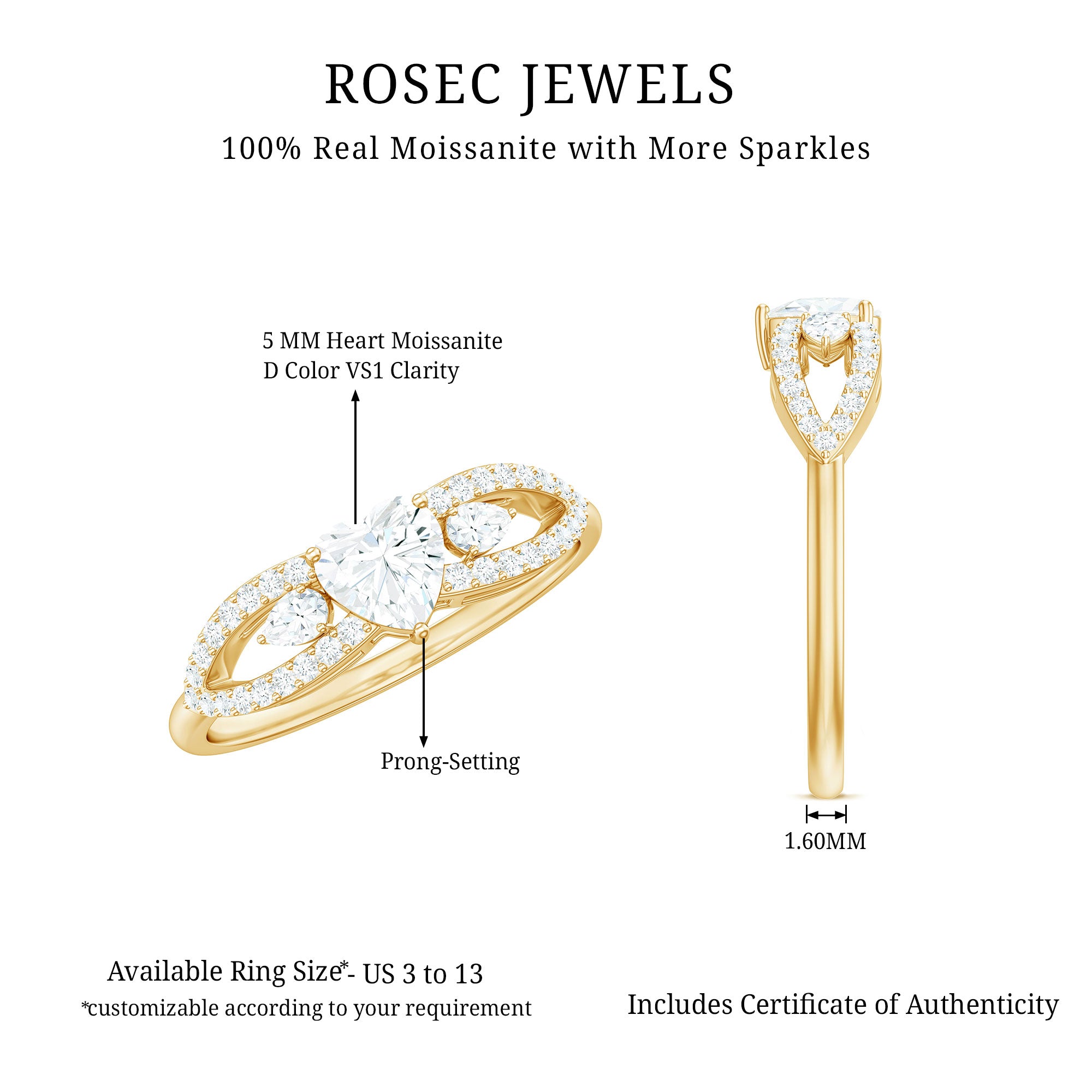 Certified Moissanite Heart Promise Ring with Split Shank D-VS1 - Rosec Jewels