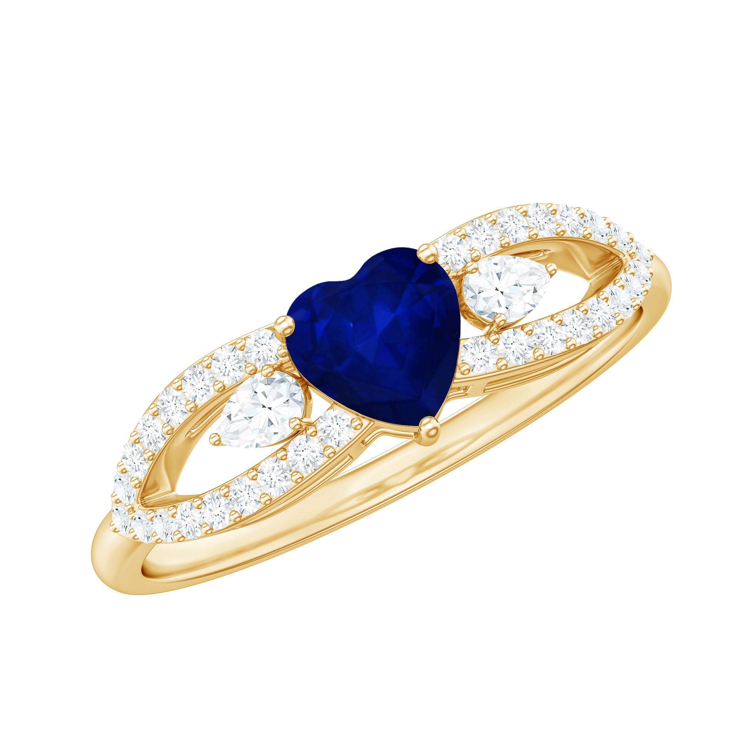 Rosec Jewels-Real 0.6 Carat Blue Sapphire and Diamond Heart Promise Ring with Split Shank