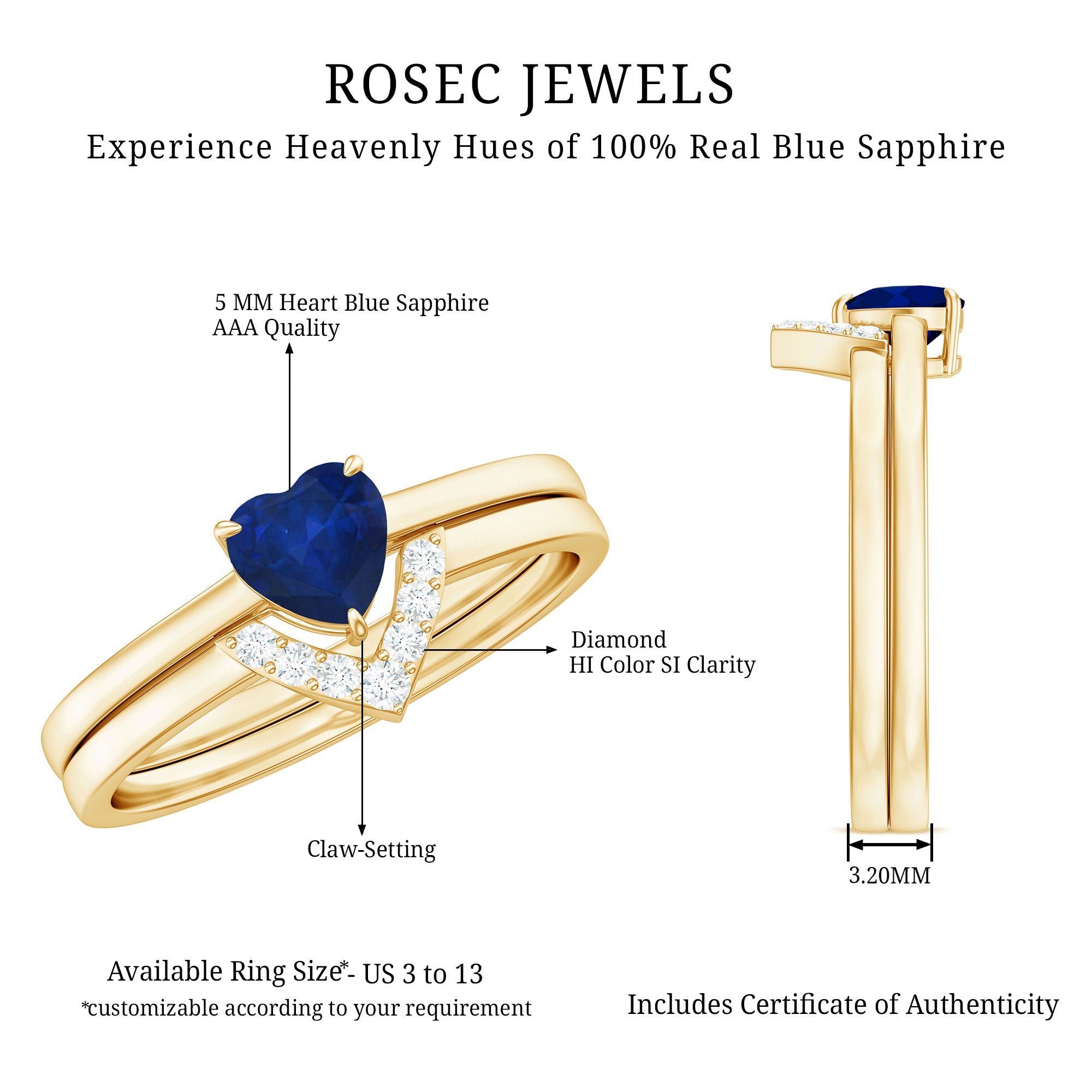 Rosec Jewels-3/4 CT Heart Shape Blue Sapphire Solitaire Ring Set with Diamond Chevron Band