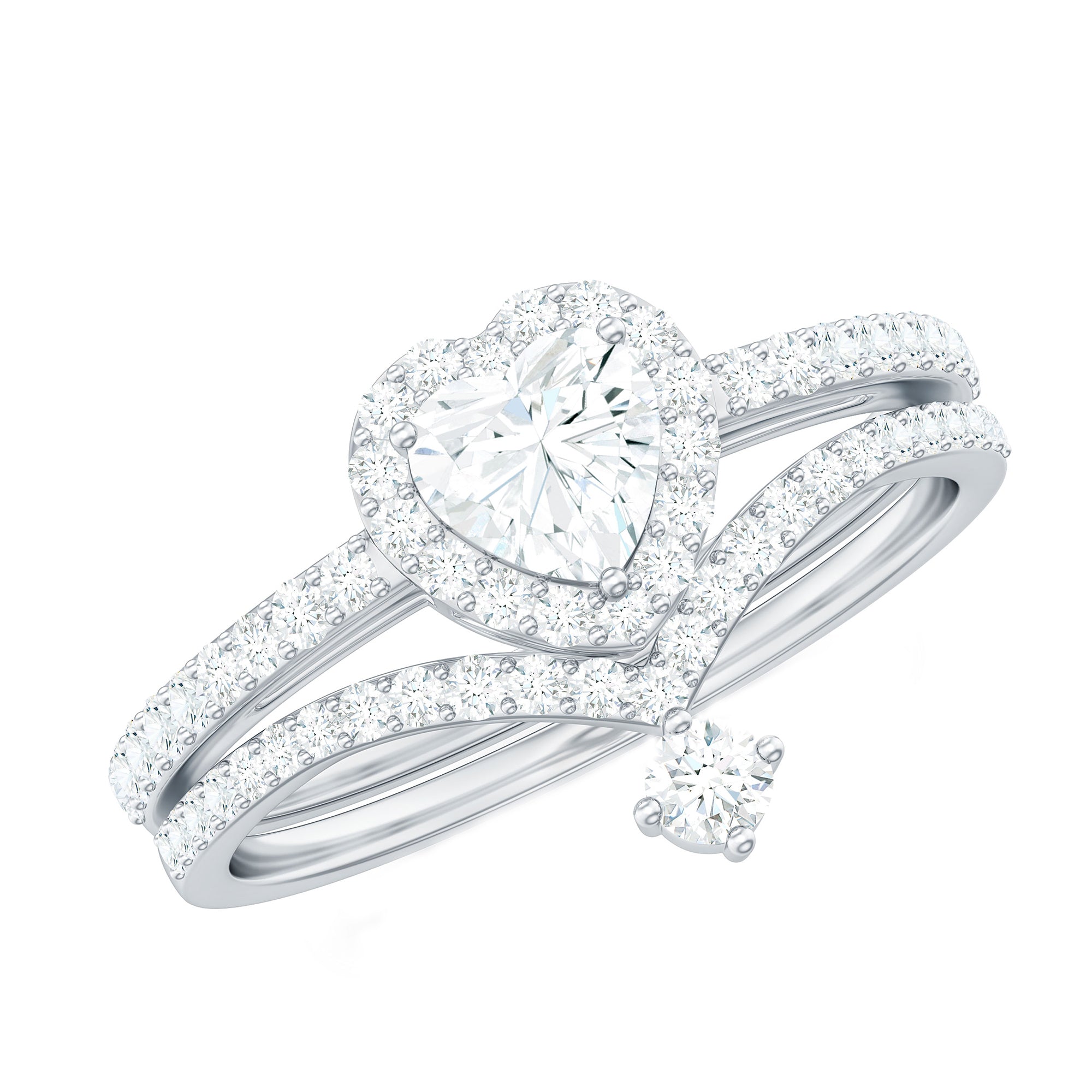 Rosec Jewels-Cubic Zirconia Heart Ring Set with V Shape Band