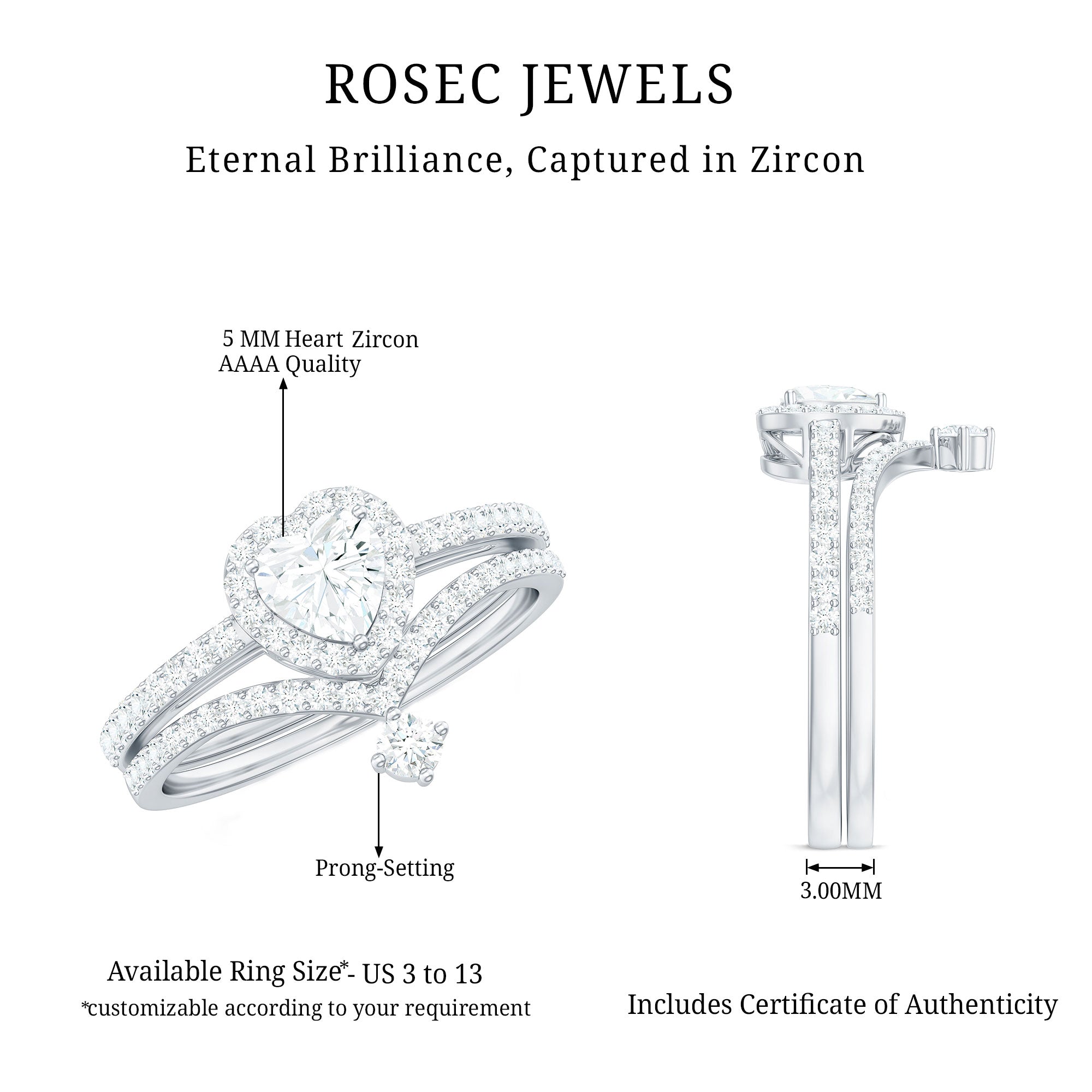 Rosec Jewels-Cubic Zirconia Heart Ring Set with V Shape Band