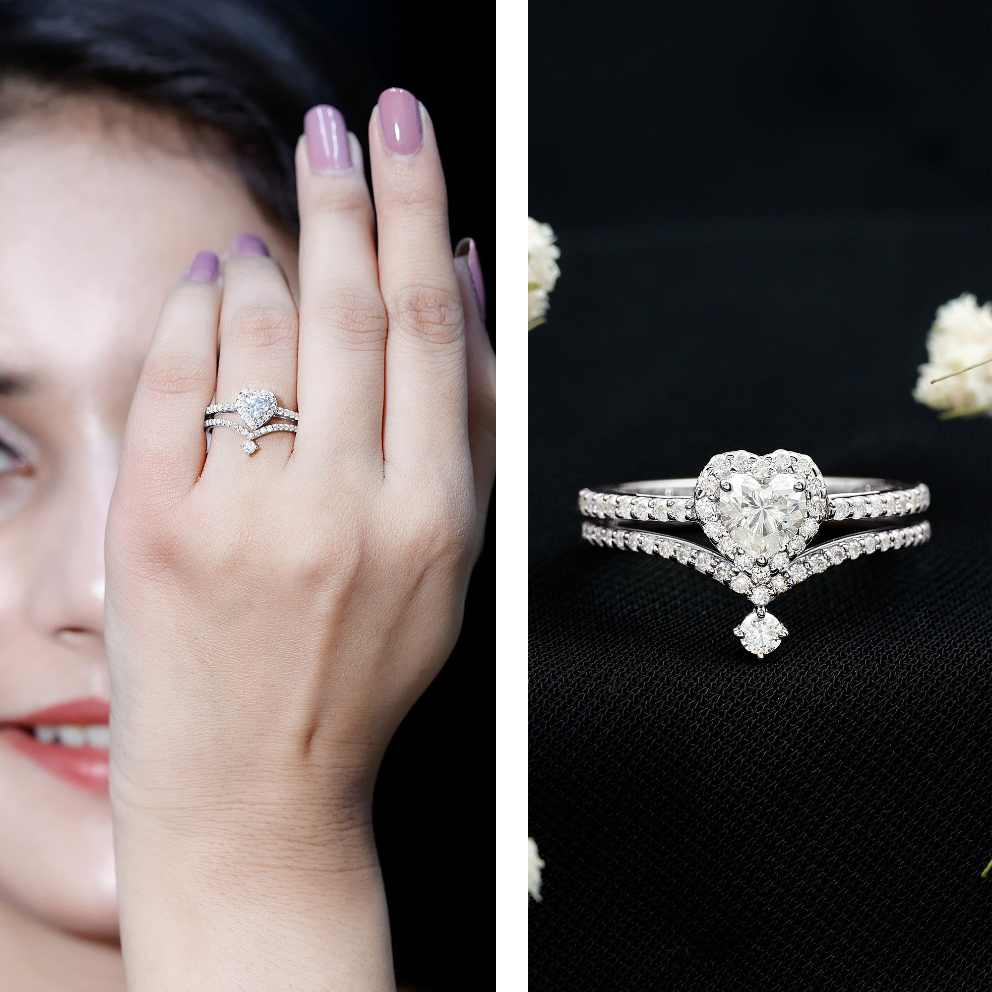 Rosec Jewels-Cubic Zirconia Heart Ring Set with V Shape Band