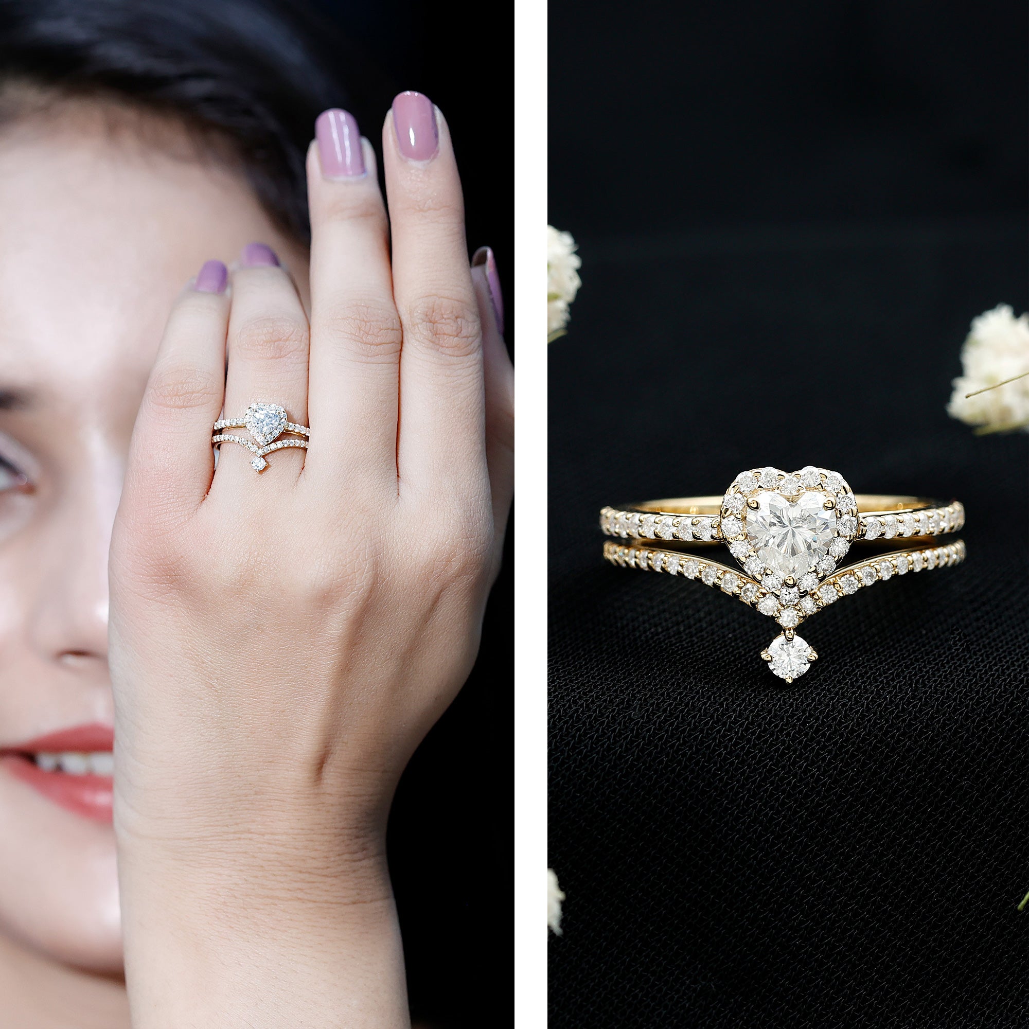 Cubic Zirconia Heart Ring Set with V Shape Band AAAA - Rosec Jewels