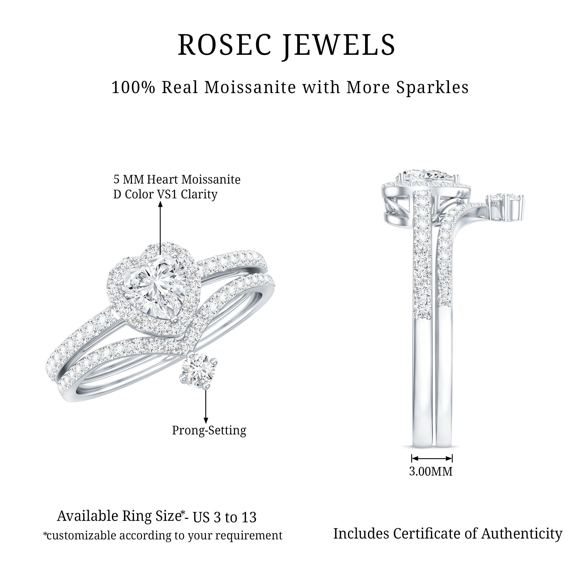 Certified Moissanite Heart Wedding Ring Set for Women D-VS1 - Rosec Jewels
