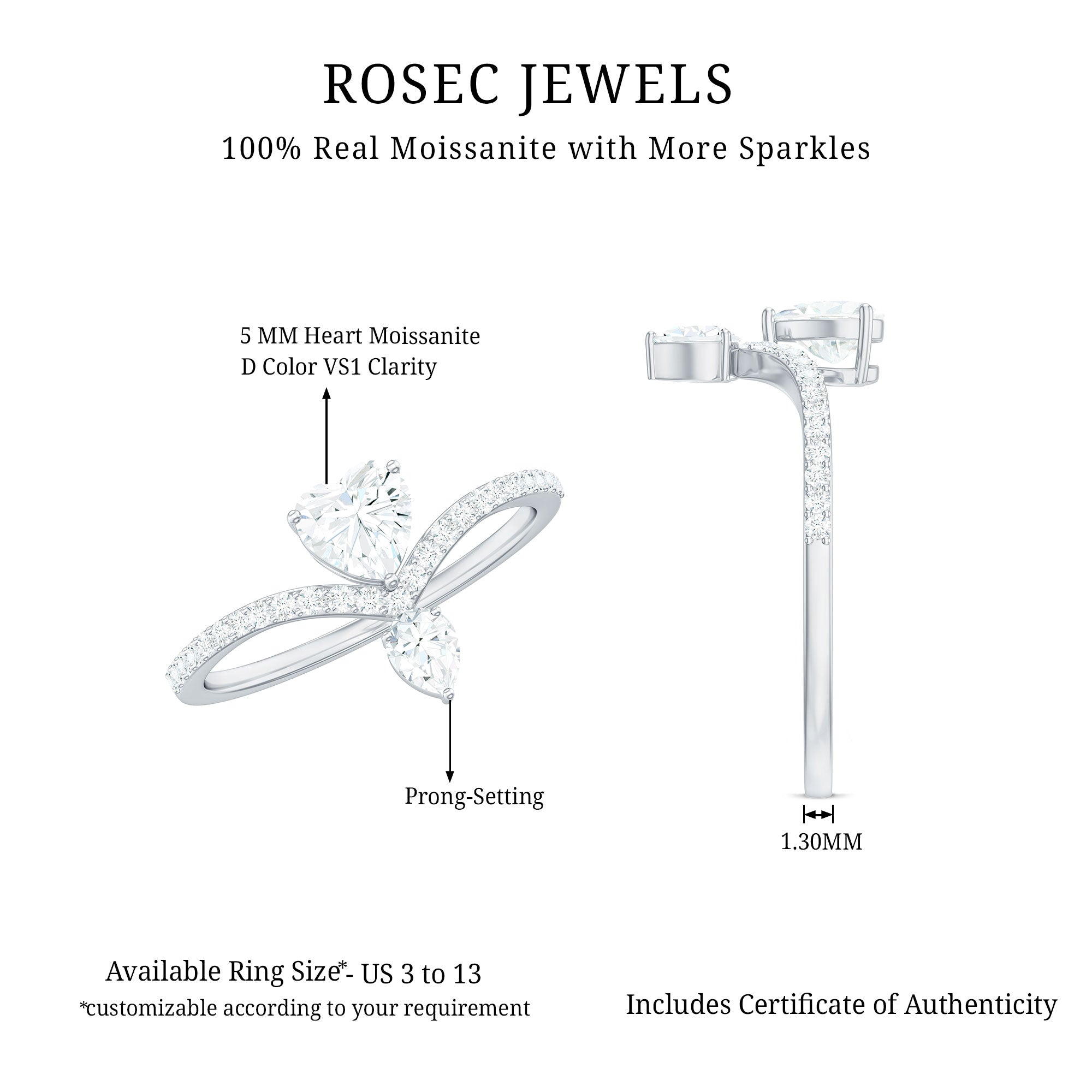 Rosec Jewels-Designer Moissanite Heart Engagement Ring for Women