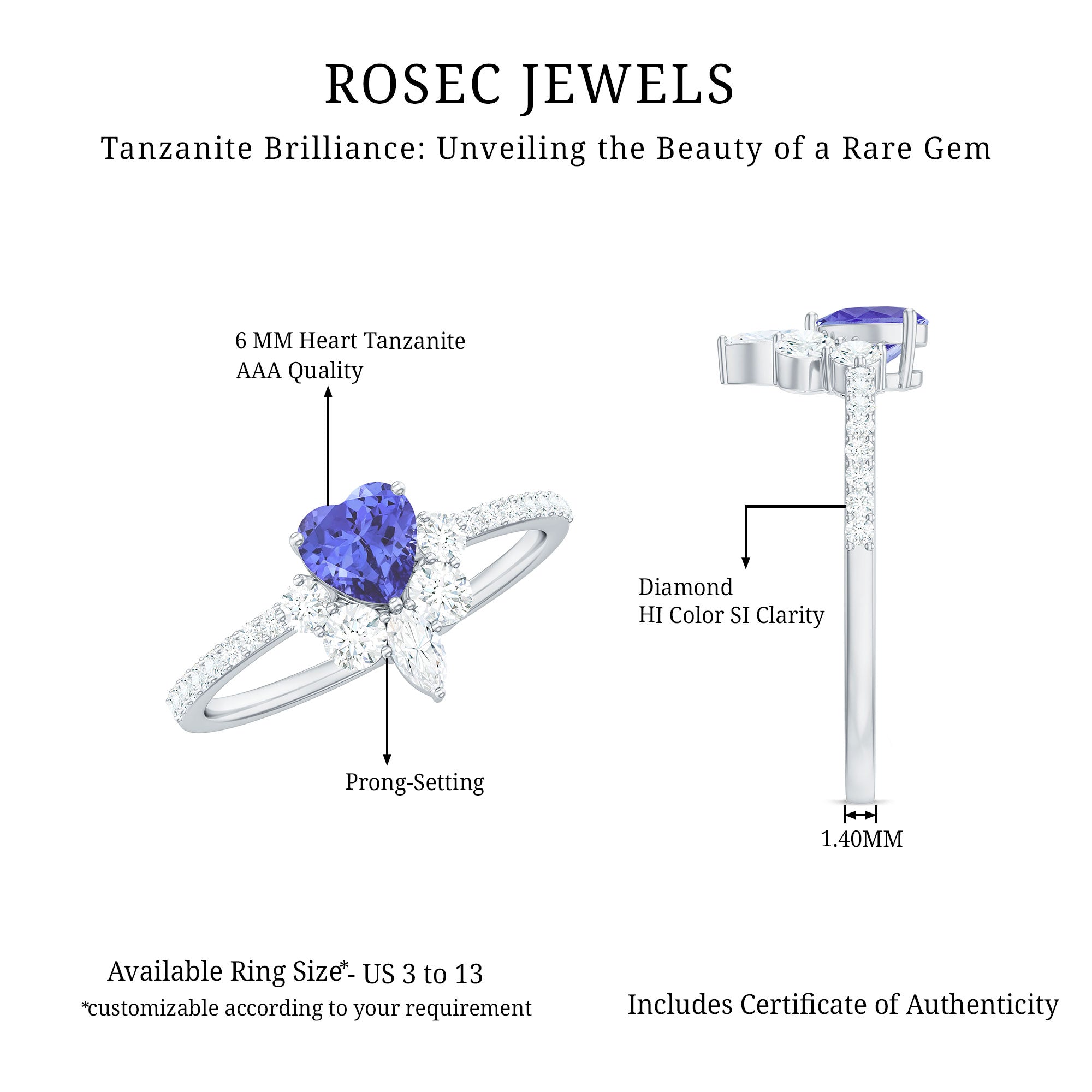 Natural Tanzanite Diamond Heart Promise Ring for Engagement AAA - Rosec Jewels