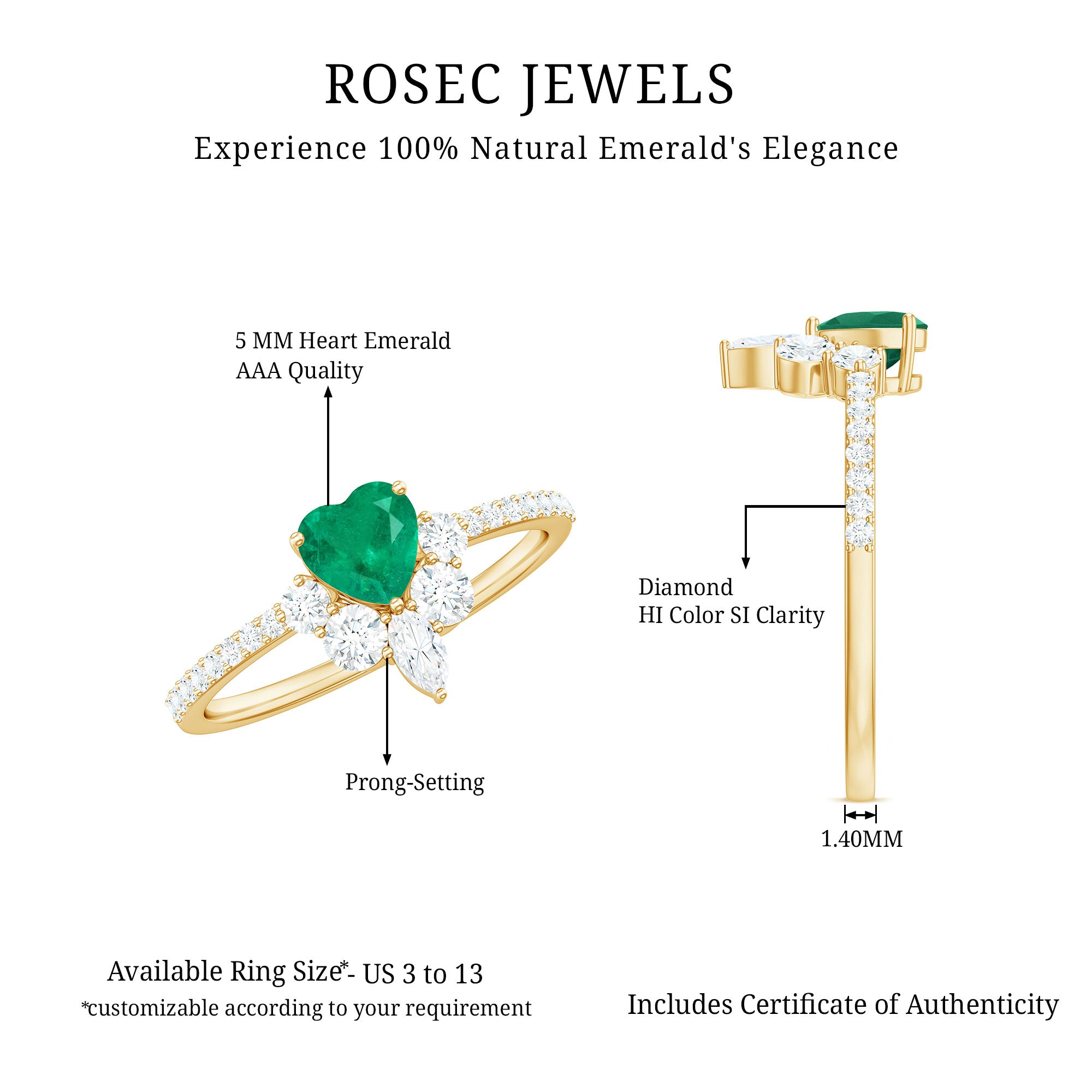 Rosec Jewels-Natural Emerald Heart Promise Ring with Diamond