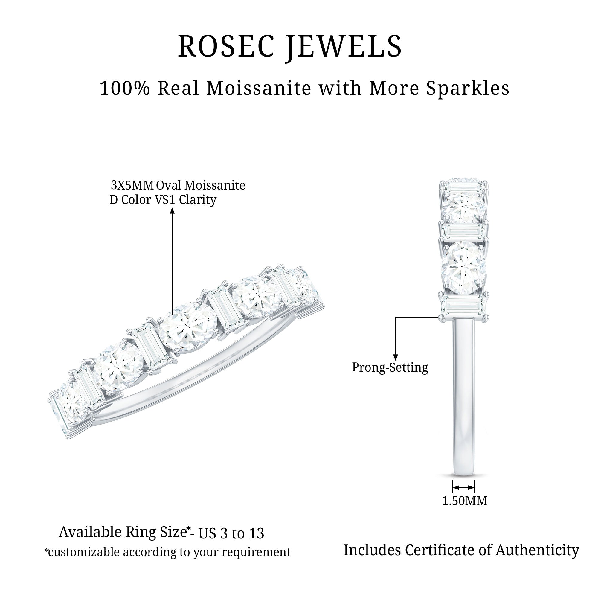 Certified Baguette and Oval Cut Moissanite Half Eternity Band D-VS1 - Rosec Jewels