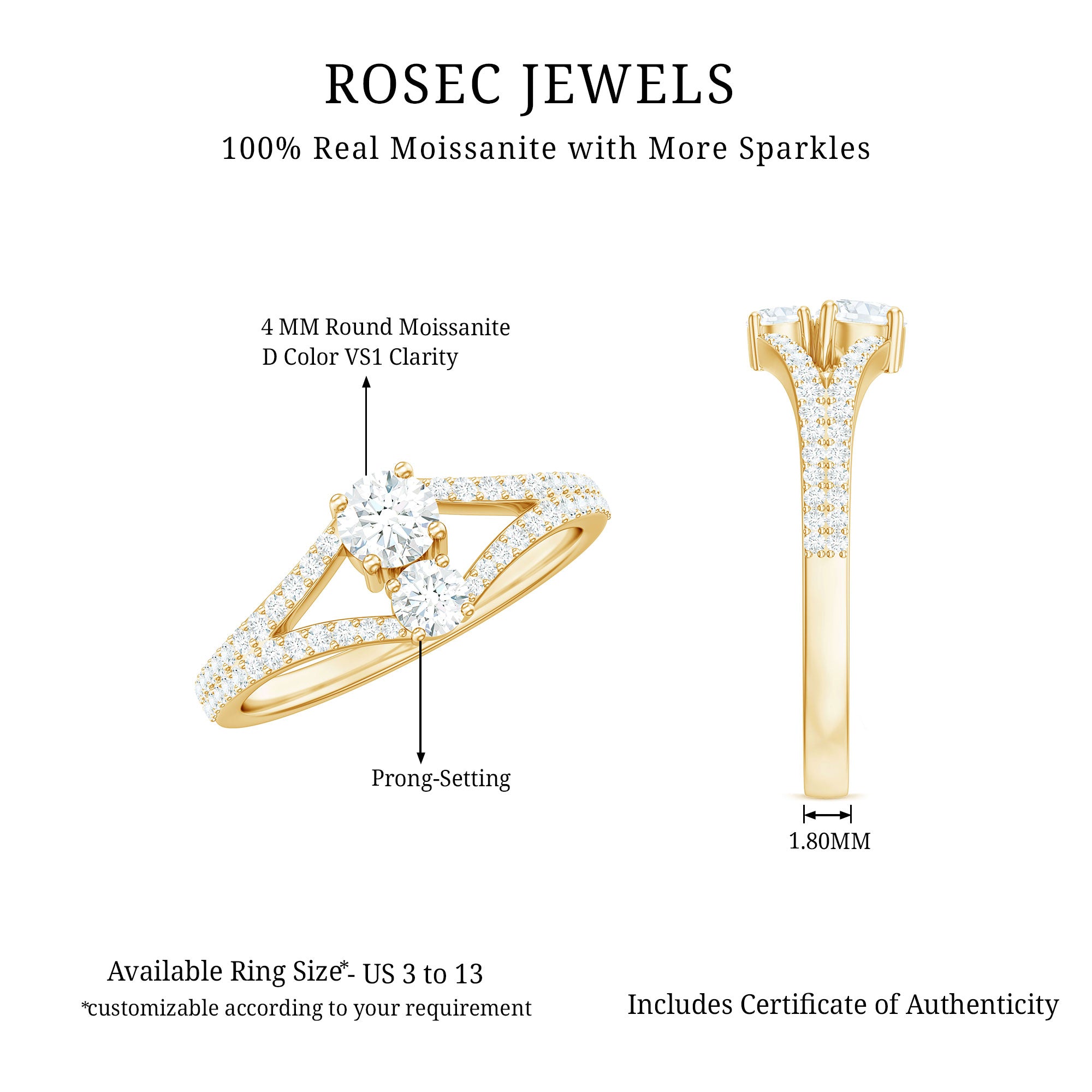 Rosec Jewels-Moissanite Toi et Moi Engagement Ring with Split Shank