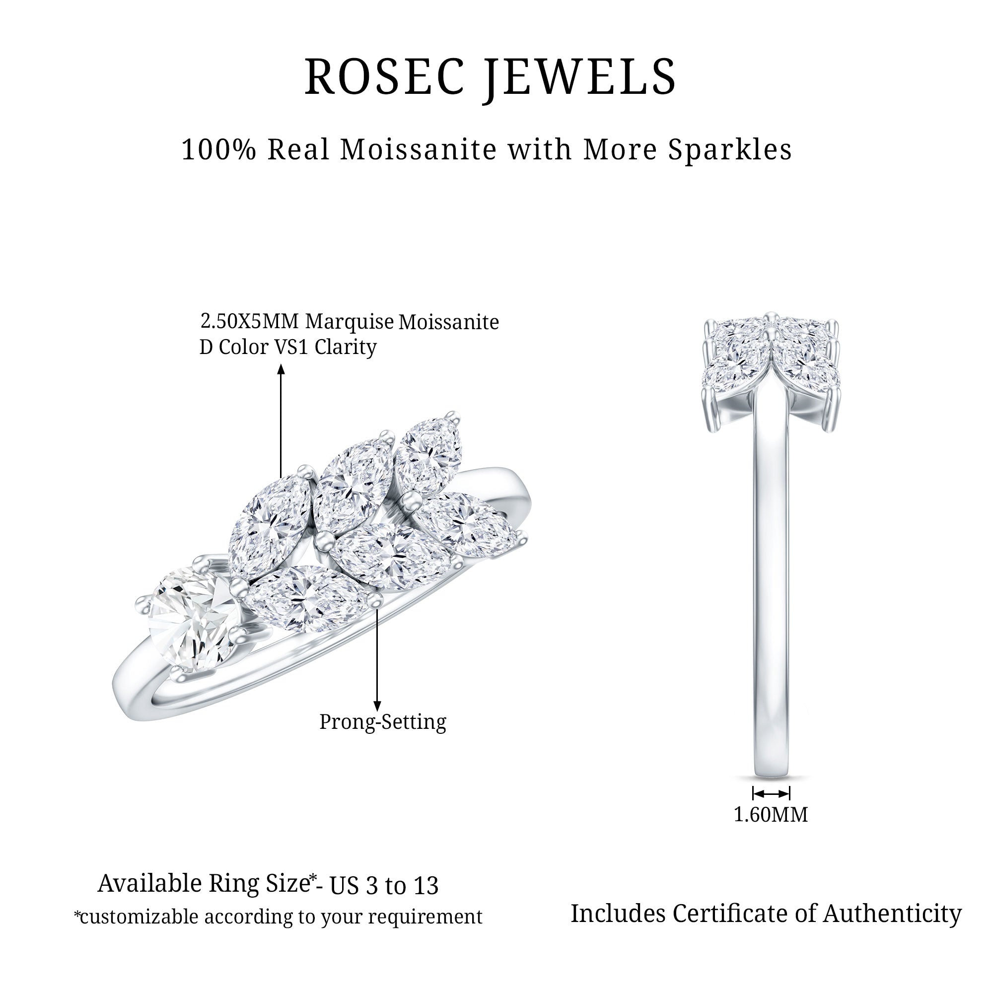 Nature Inspired Moissanite Anniversary Ring for Women D-VS1 - Rosec Jewels