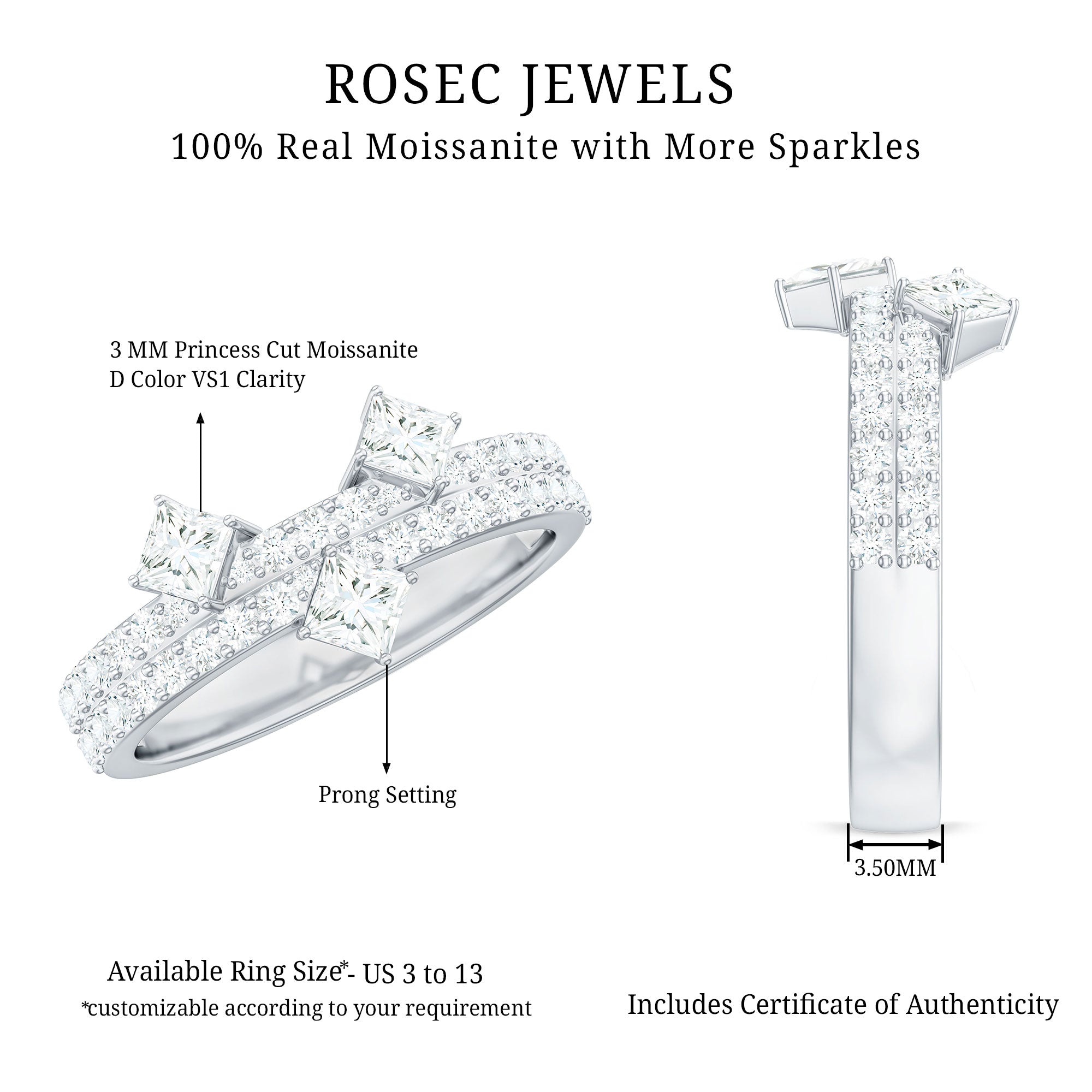 Princess and Round Cut Moissanite Designer Wedding Band D-VS1 - Rosec Jewels