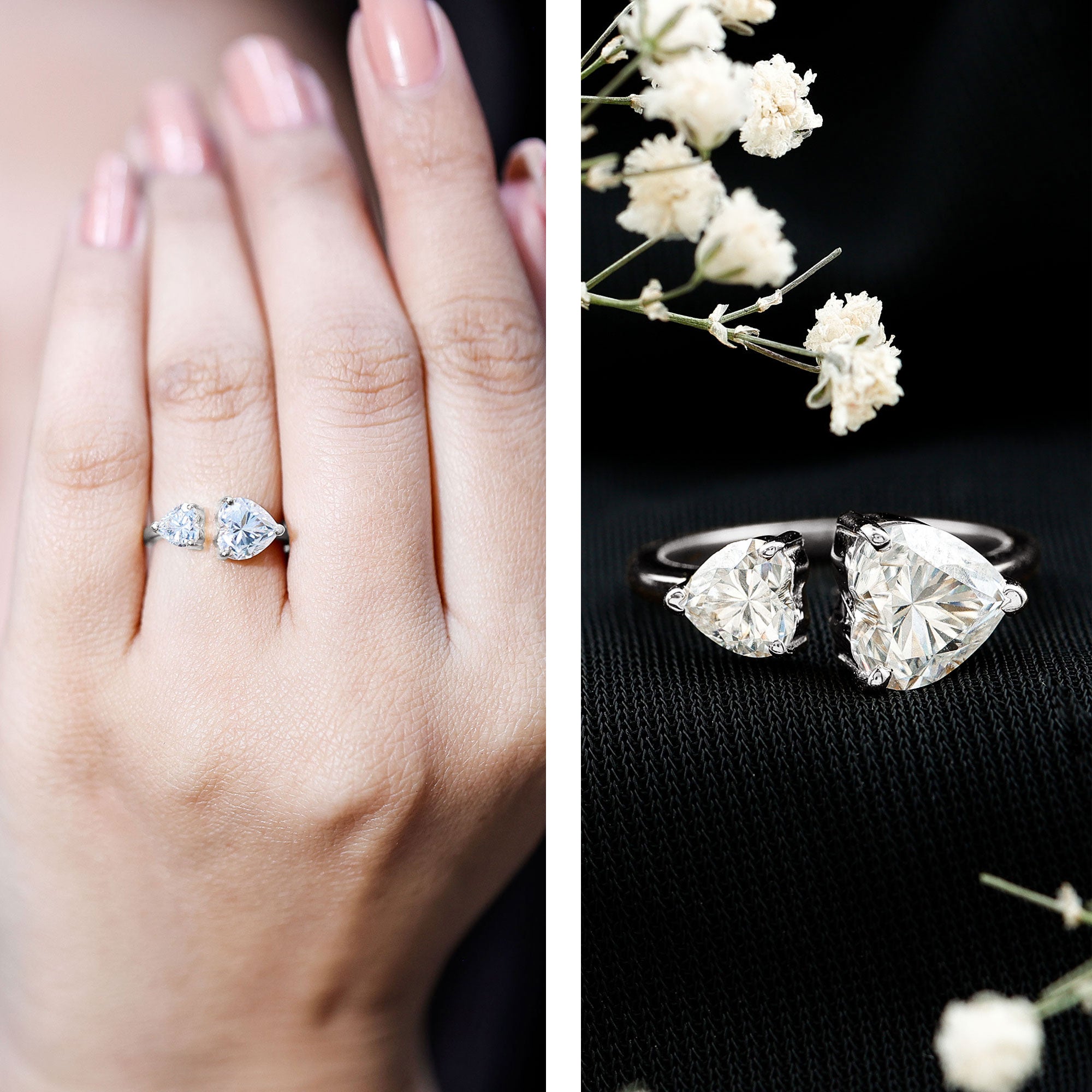 Heart Shape Moissanite Two Stone Cuff Ring D-VS1 - Rosec Jewels