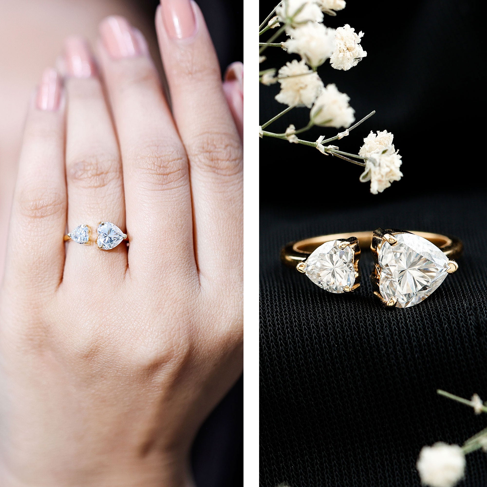 Heart Shape Moissanite Two Stone Cuff Ring D-VS1 - Rosec Jewels