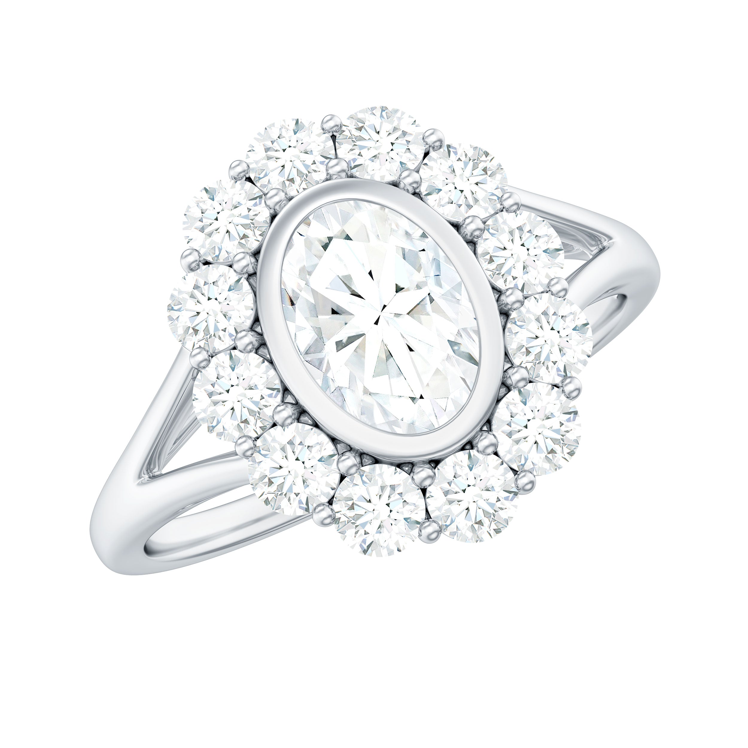 Rosec Jewels-Oval Cut Moissanite Halo Engagement Ring with Split Shank