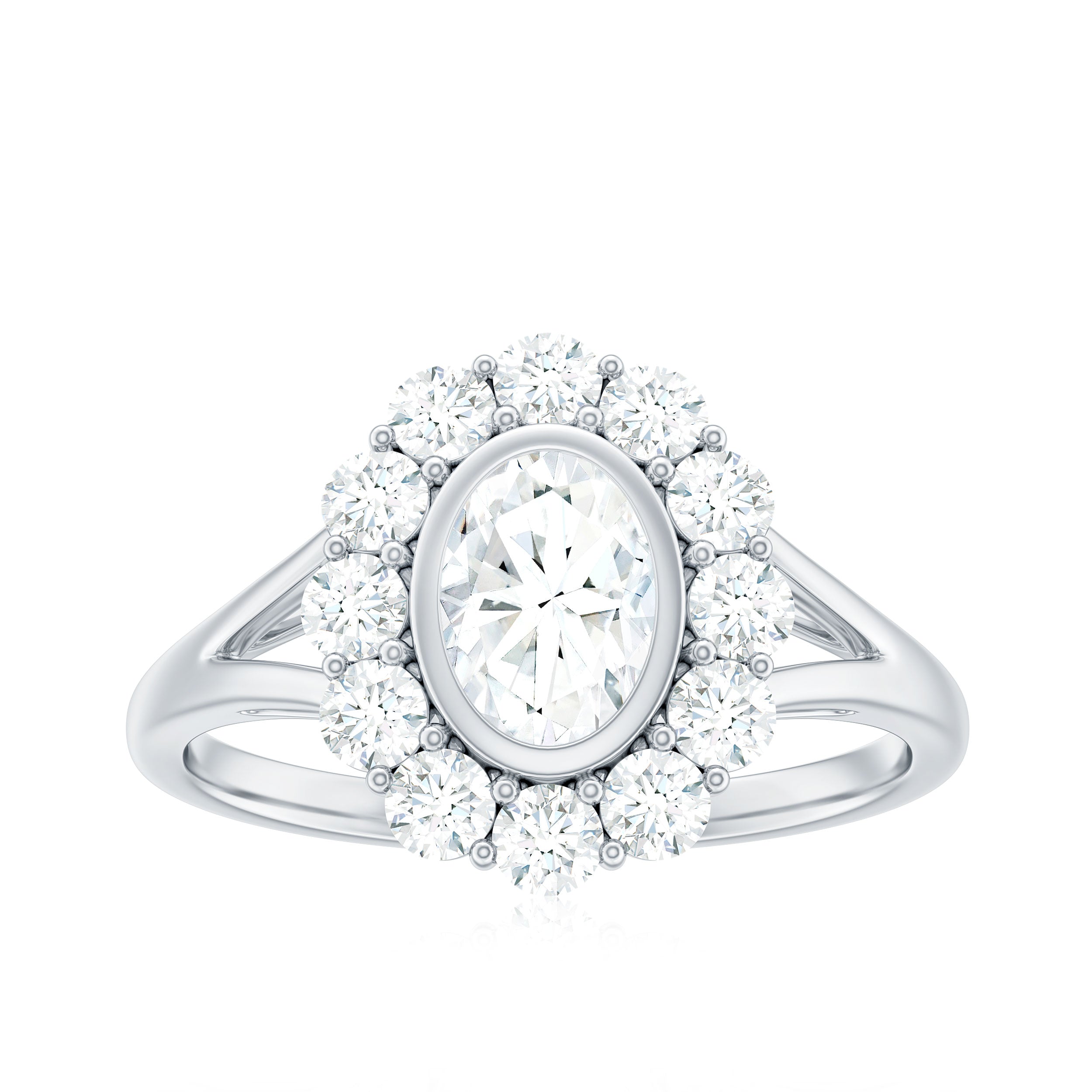 Rosec Jewels-Oval Cut Moissanite Halo Engagement Ring with Split Shank