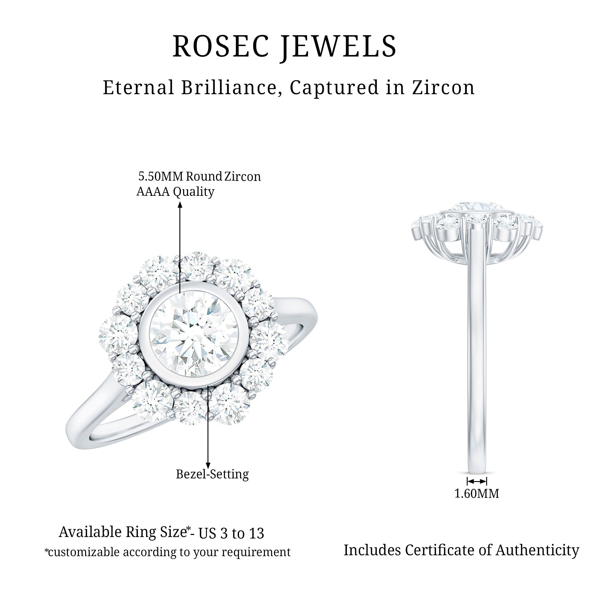 1.50 CT Bezel Set Zircon Statement Halo Engagement Ring AAAA - Rosec Jewels