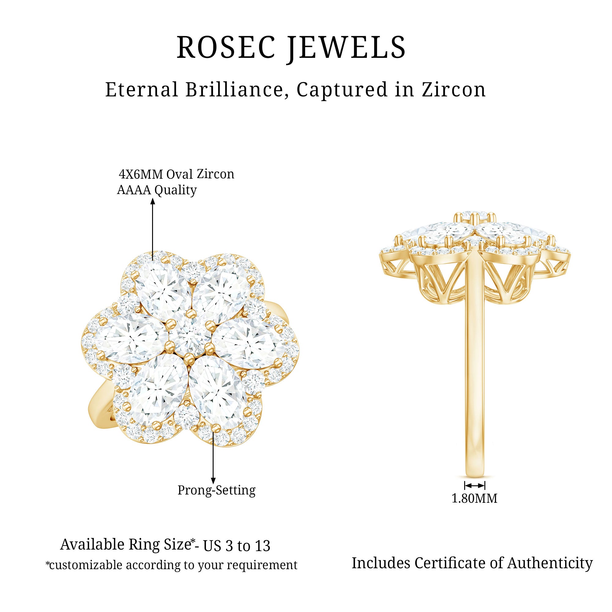 5.50 CT Oval and Round Cut Zircon Floral Statement Ring AAAA - Rosec Jewels