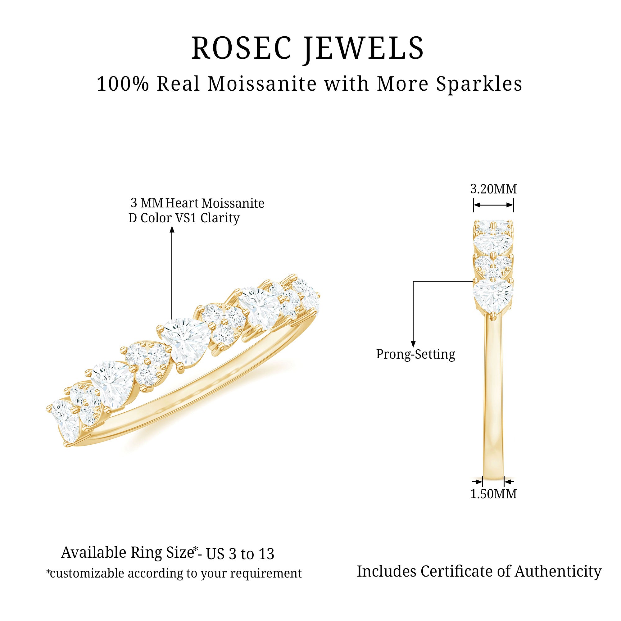 Rosec Jewels-Heart Shaped Moissanite Half Eternity Band Ring