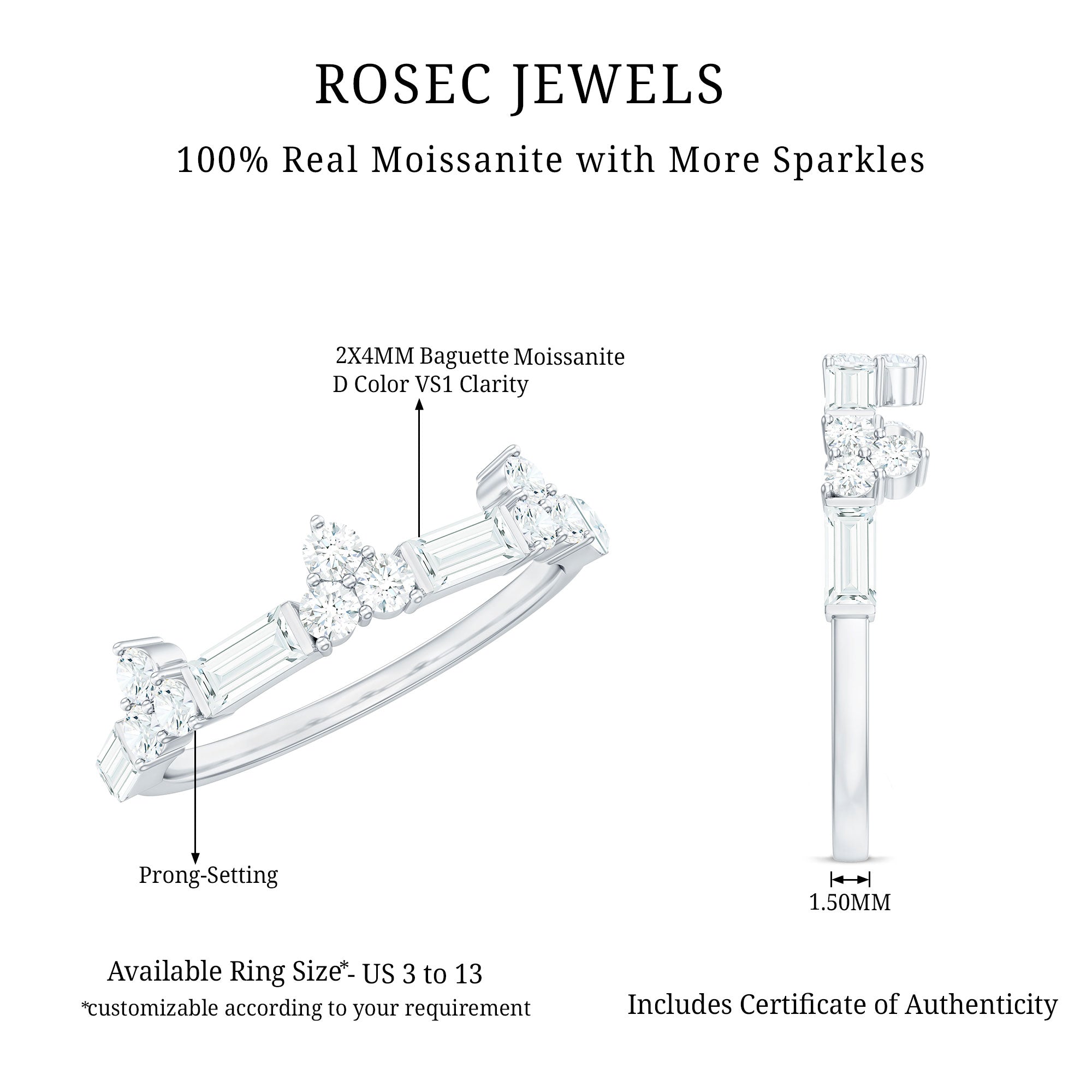 Certified Baguette and Round Moissanite Half Eternity Ring D-VS1 - Rosec Jewels