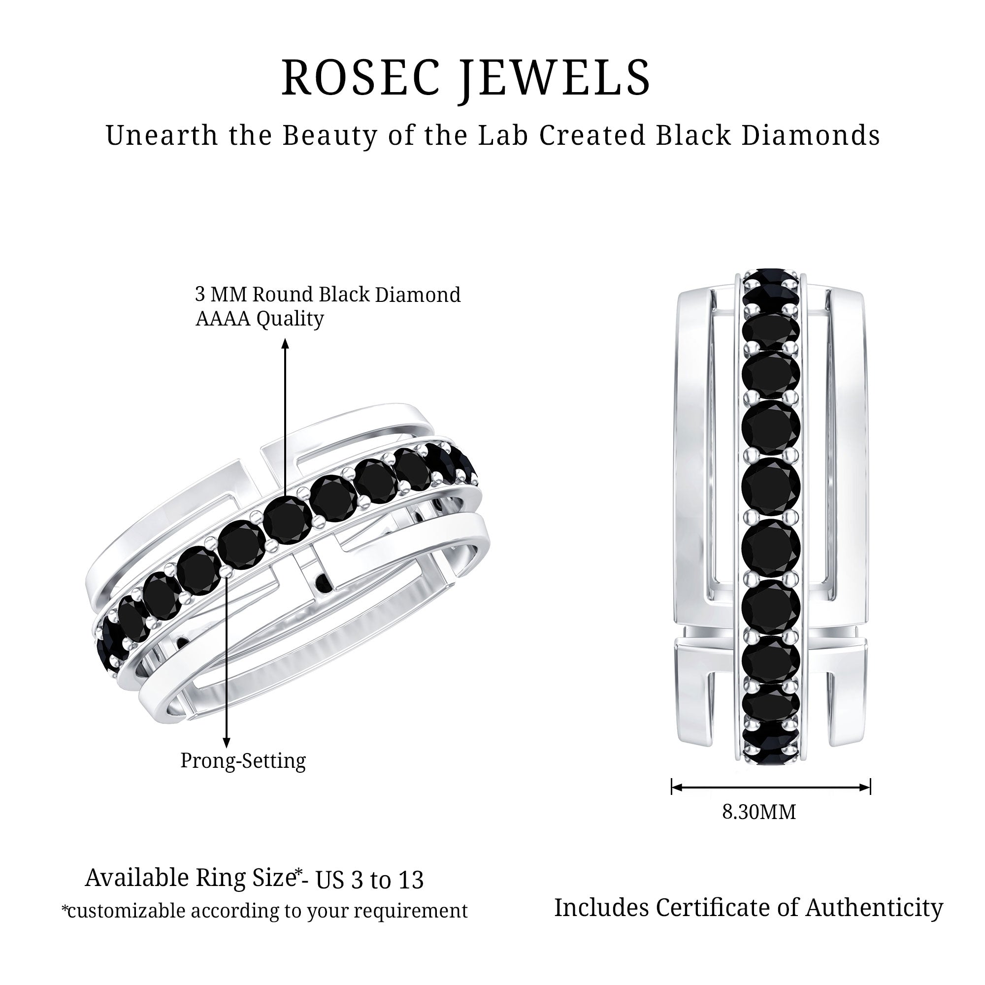 Certified Lab Created Black Diamond Wedding Band for Men AAAA ( Synthetic ) - Rosec Jewels