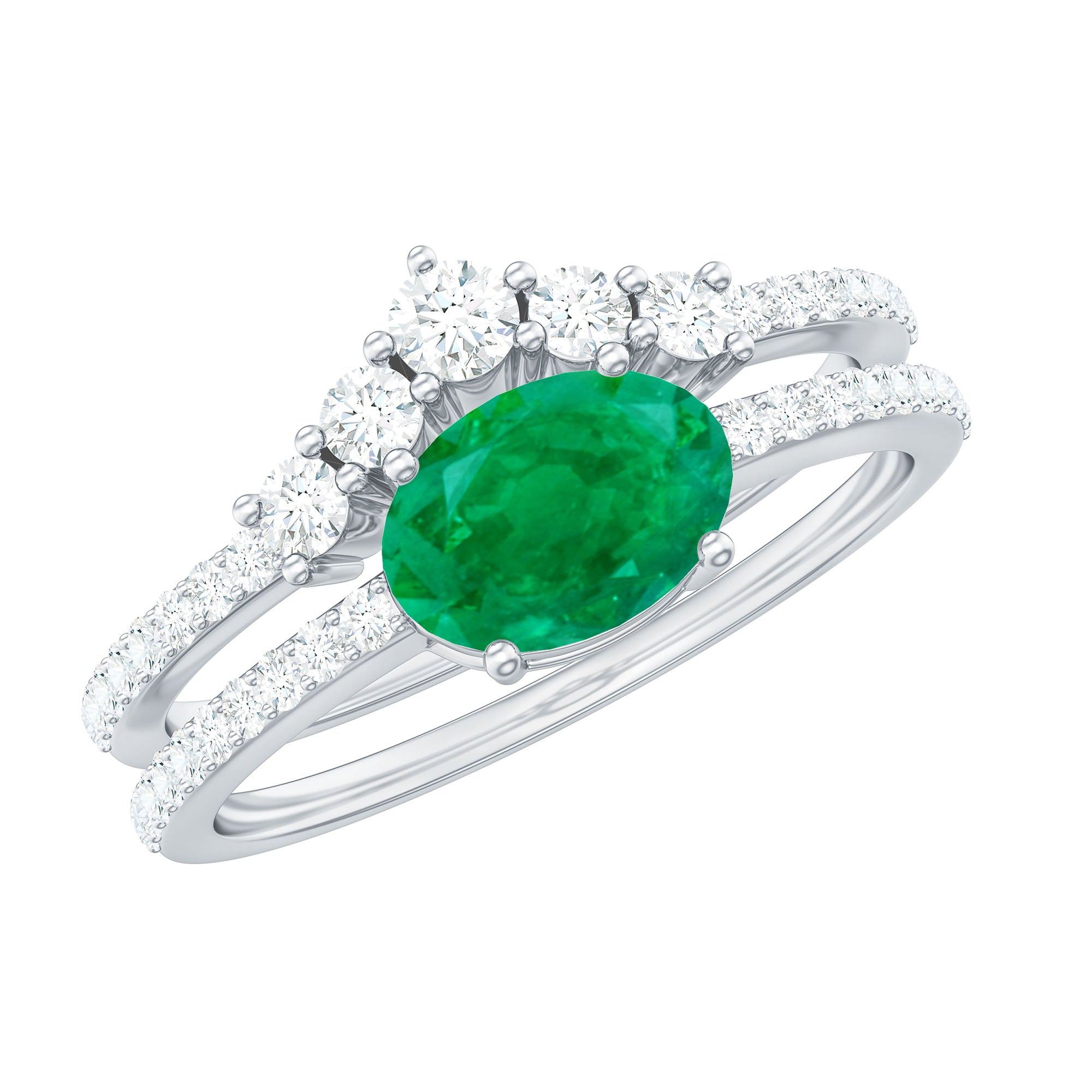 Natural Oval Emerald Diamond East West Engagement Ring and Wedding Band Set