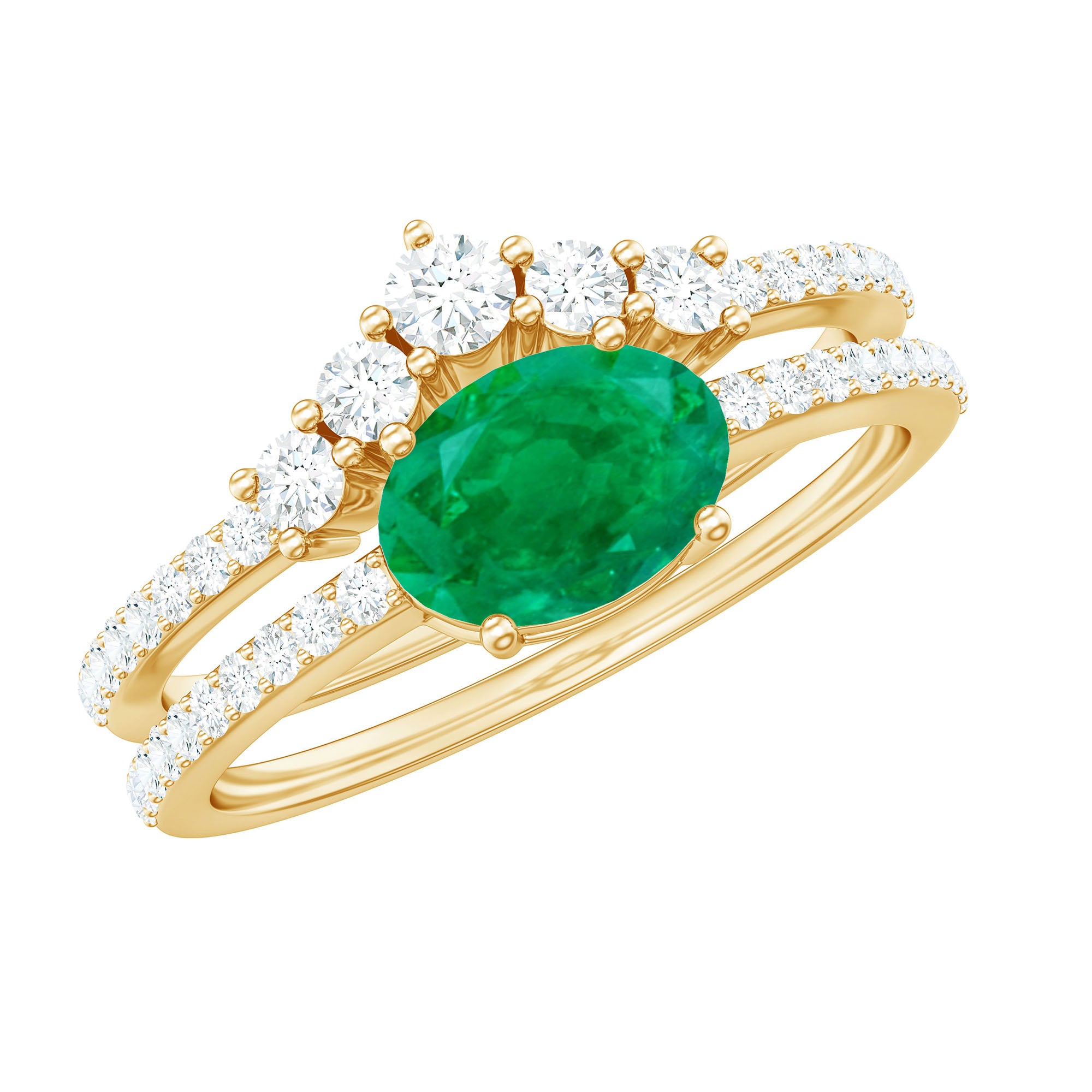Natural Oval Emerald Diamond East West Engagement Ring and Wedding Band Set AAA - Rosec Jewels