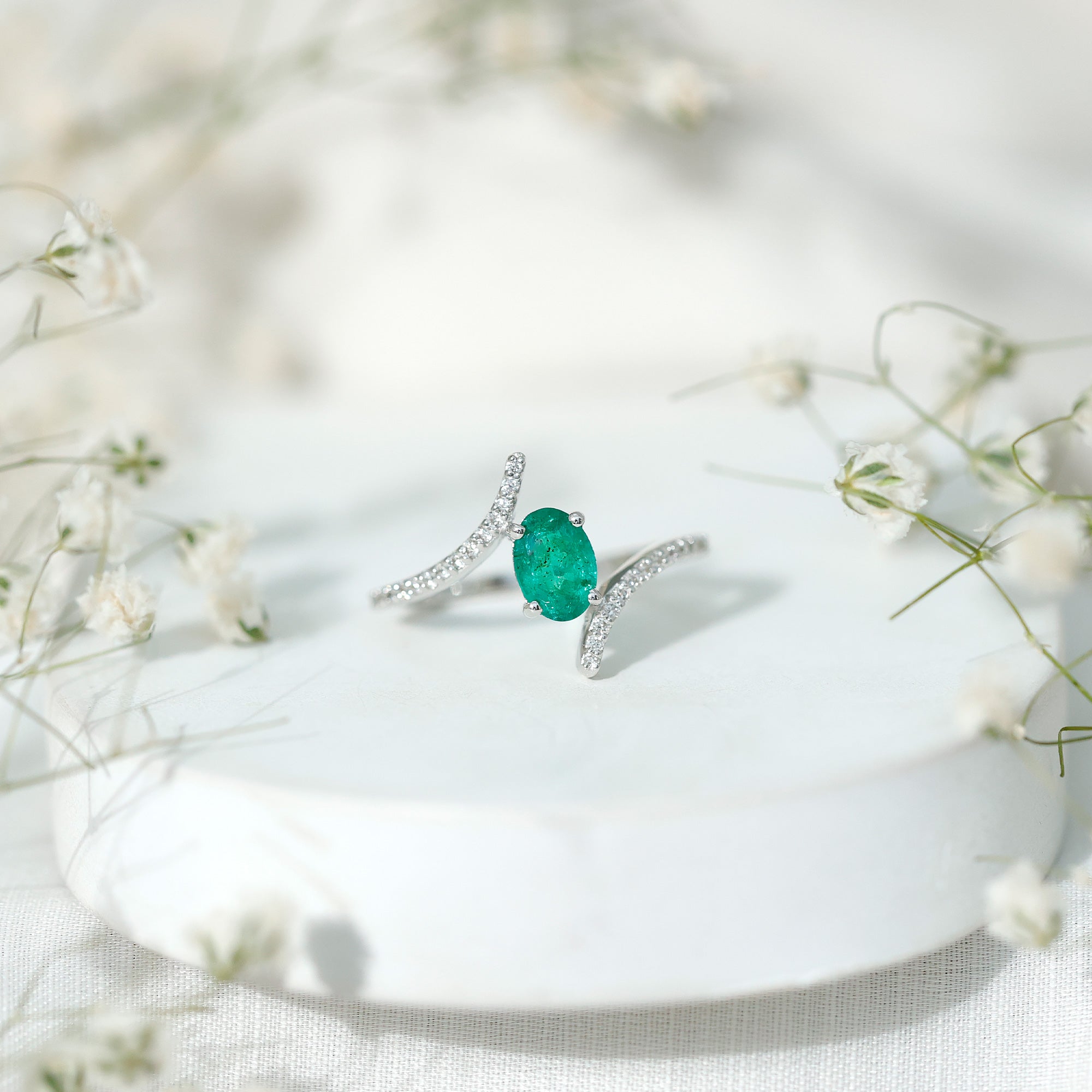 Oval Shaped Emerald Bypass Engagement Ring with Diamonds AAA - Rosec Jewels