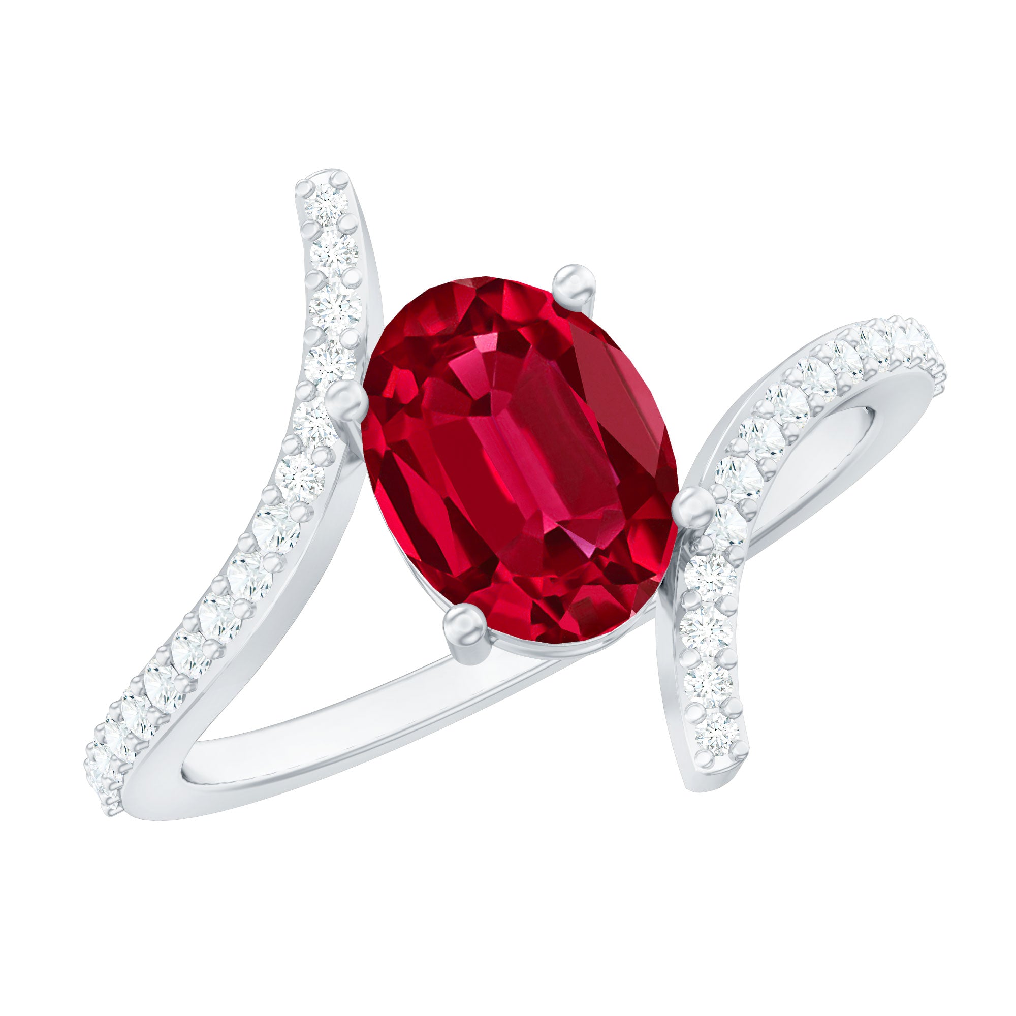Oval Lab Created Ruby and Diamond Bypass Engagement Ring AAAA - Rosec Jewels