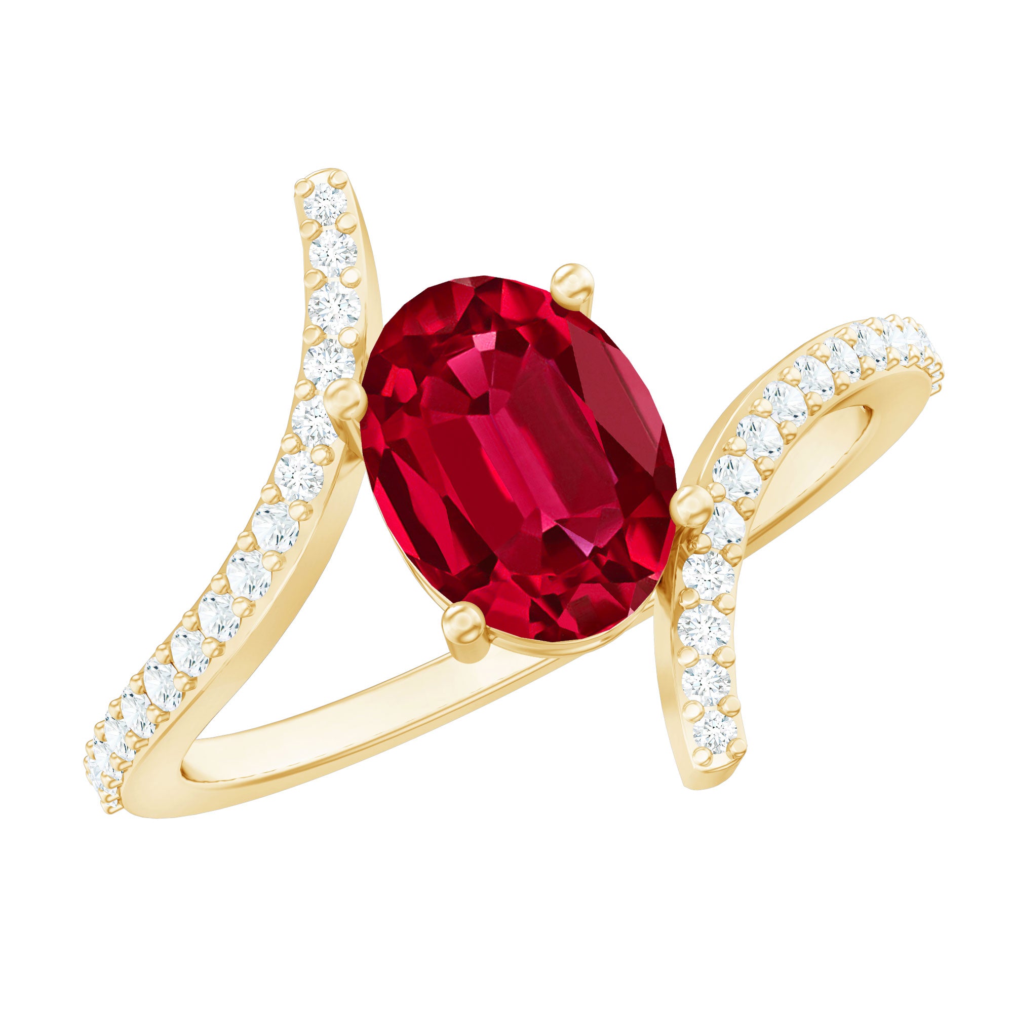 Oval Lab Created Ruby and Diamond Bypass Engagement Ring AAAA - Rosec Jewels