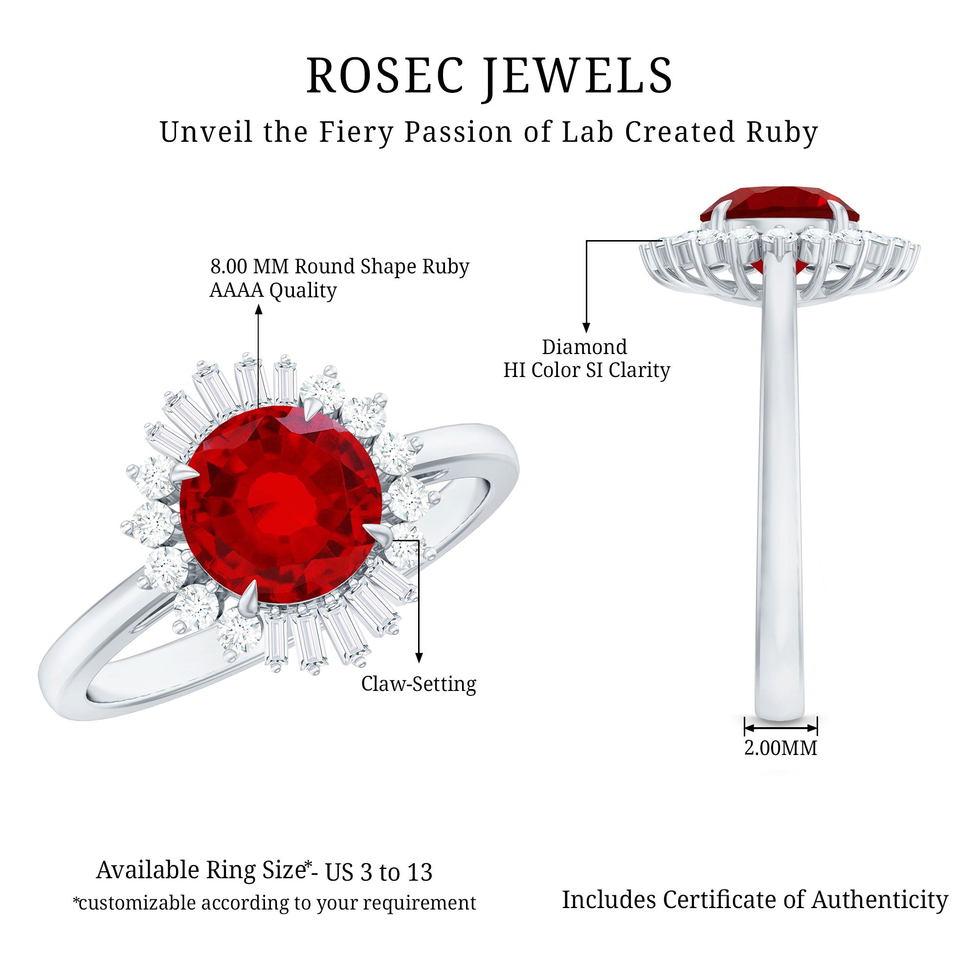 Round Lab Created Ruby and Diamond Halo Engagement Ring AAAA - Rosec Jewels