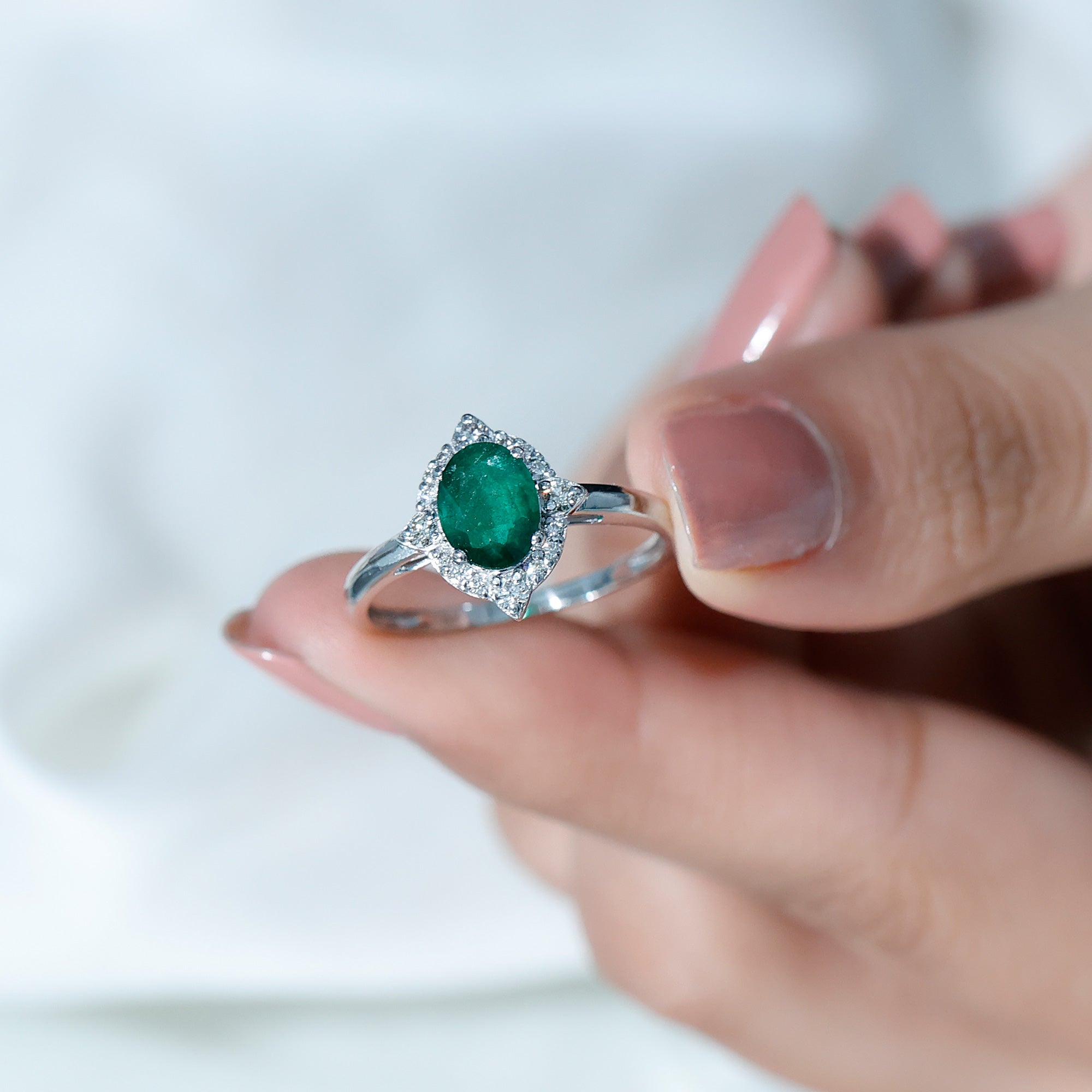 Rosec Jewels-Vintage Looking Emerald Oval Engagement Ring with Diamond Halo
