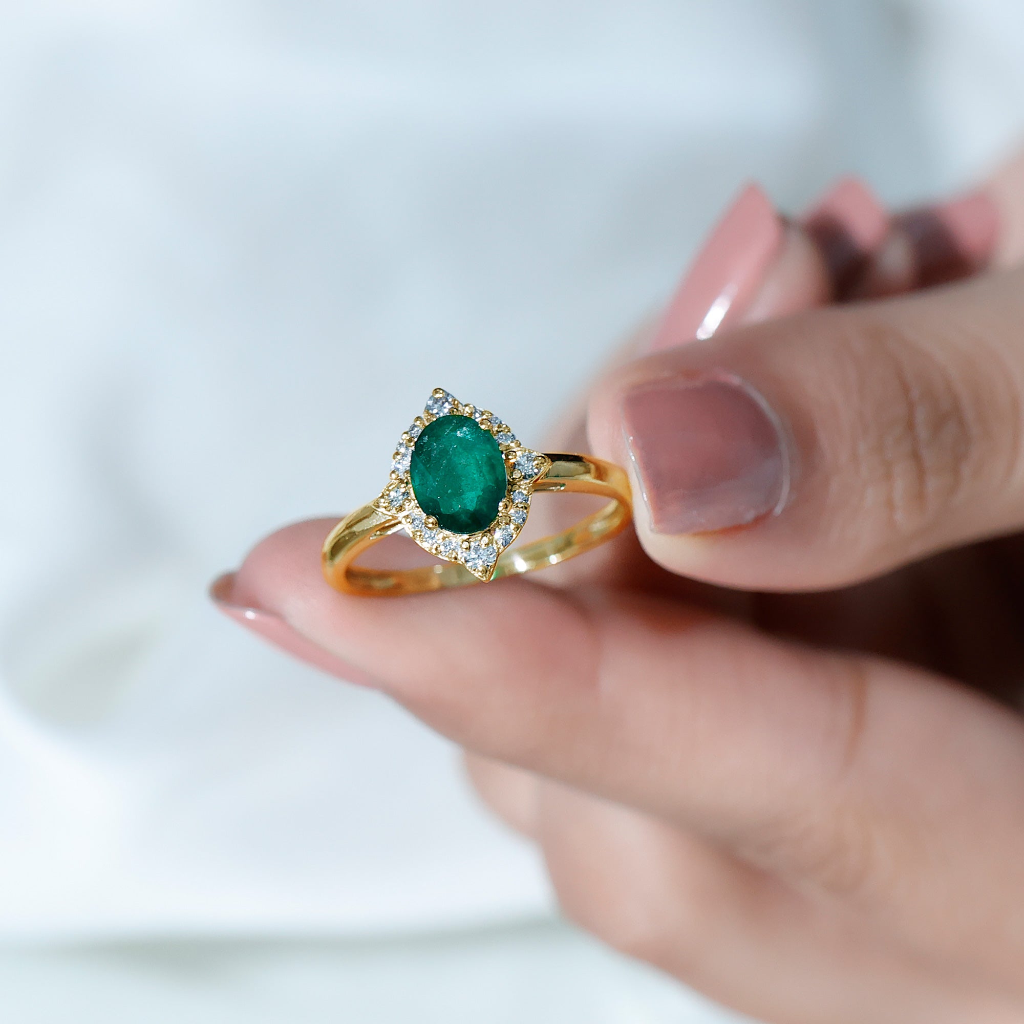 Rosec Jewels-Vintage Looking Emerald Oval Engagement Ring with Diamond Halo