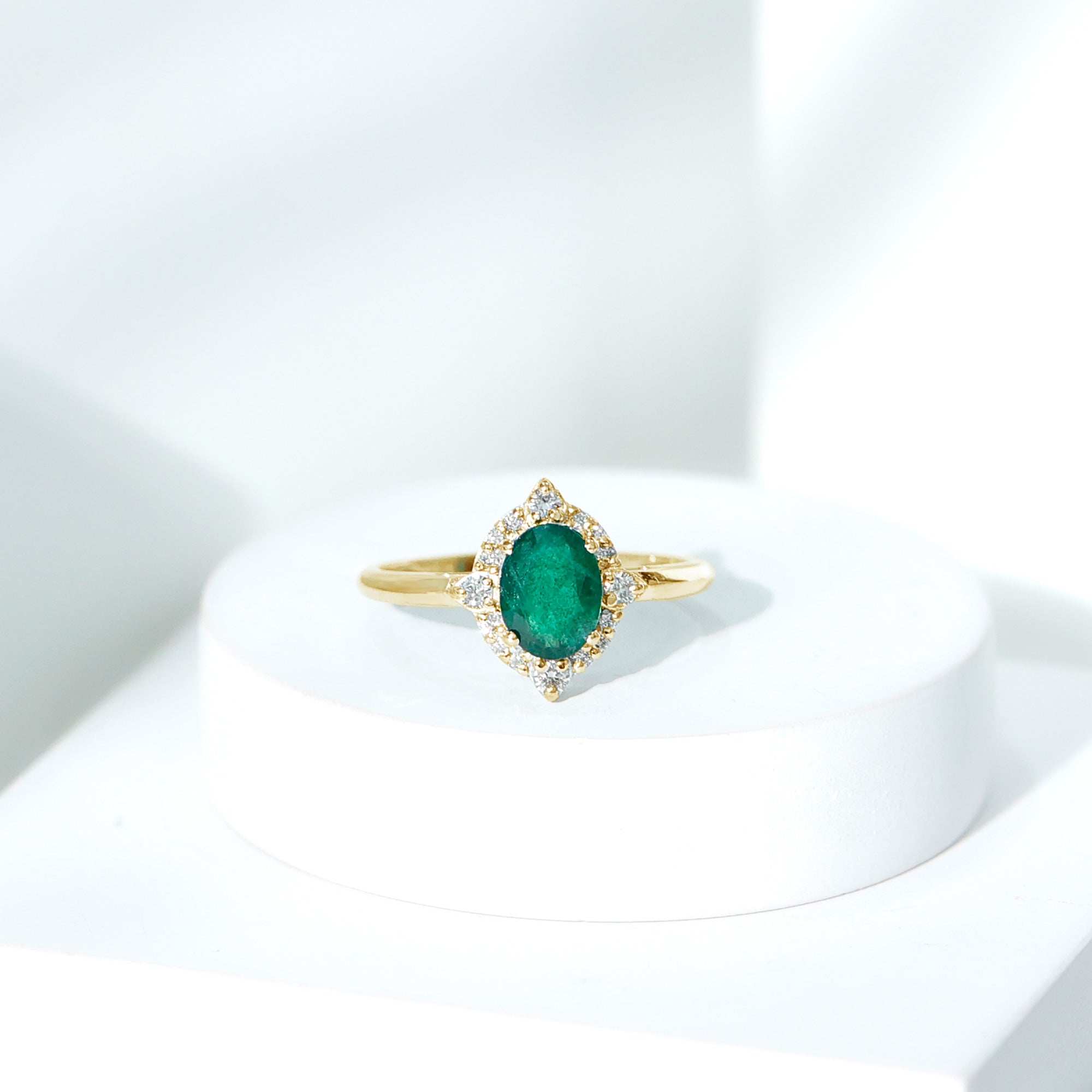 Rosec Jewels-Vintage Looking Emerald Oval Engagement Ring with Diamond Halo