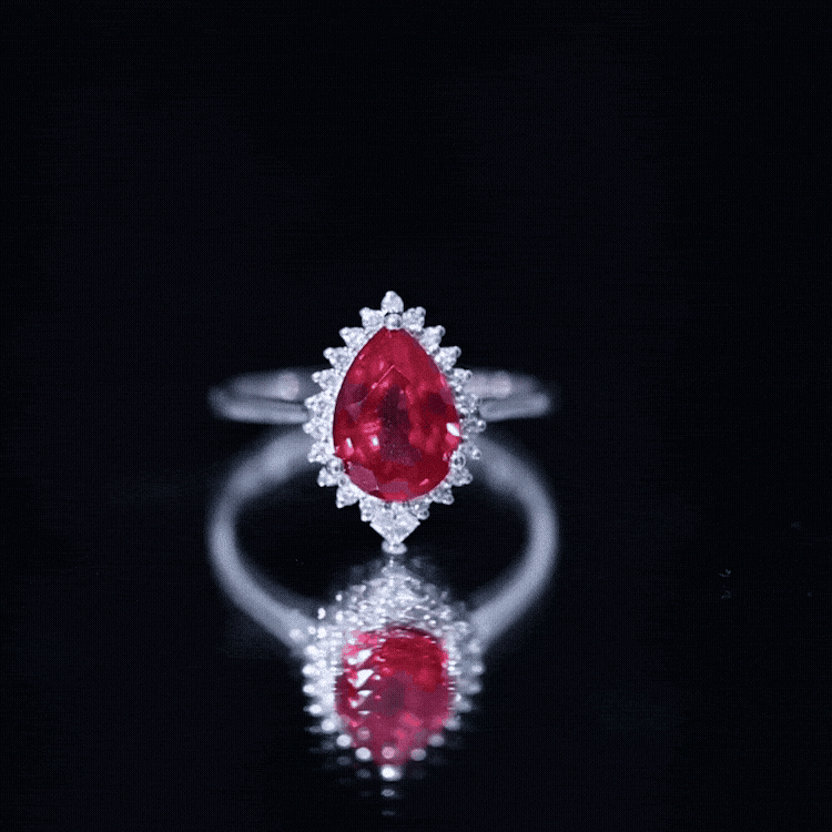 Rosec Jewels-Lab Ruby Teardrop Engagement Ring with Diamond Halo