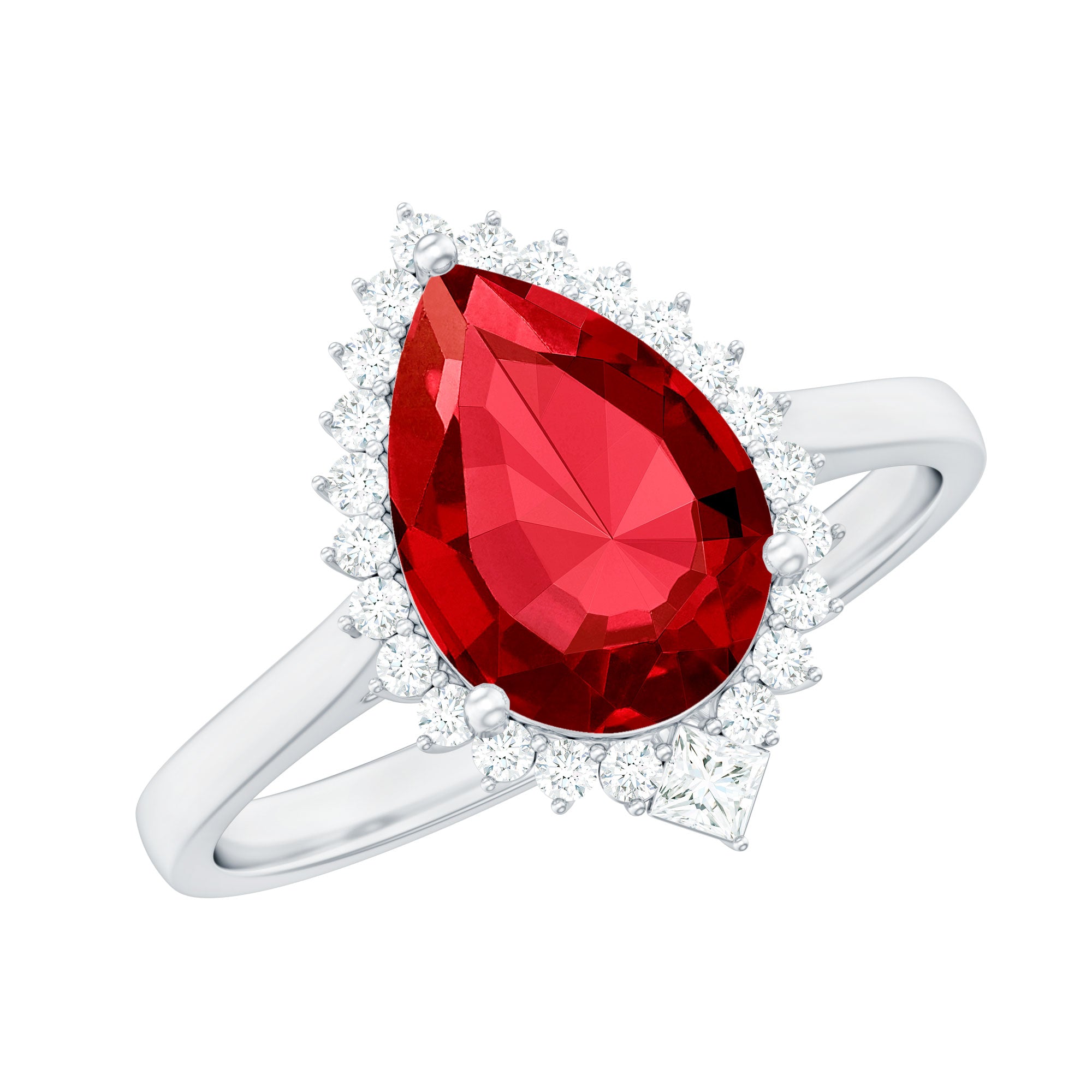 Rosec Jewels-Lab Ruby Teardrop Engagement Ring with Diamond Halo