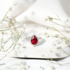 Rosec Jewels-Lab Ruby Teardrop Engagement Ring with Diamond Halo