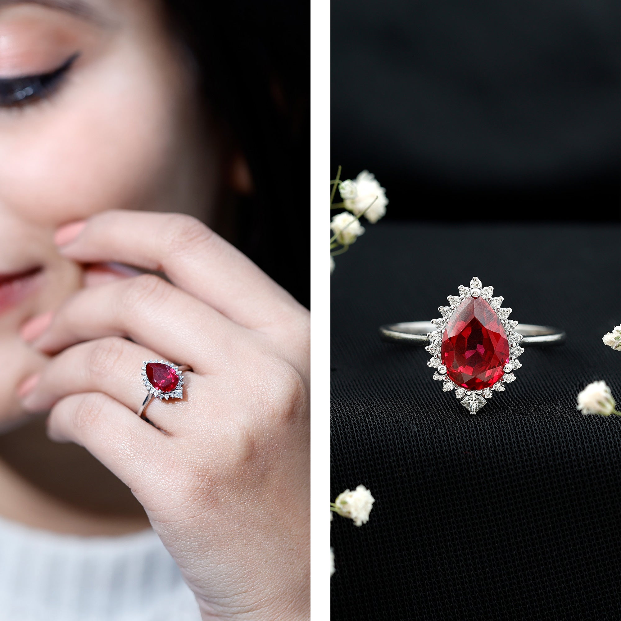 Rosec Jewels-Lab Ruby Teardrop Engagement Ring with Diamond Halo