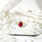 Rosec Jewels-Lab Ruby Teardrop Engagement Ring with Diamond Halo