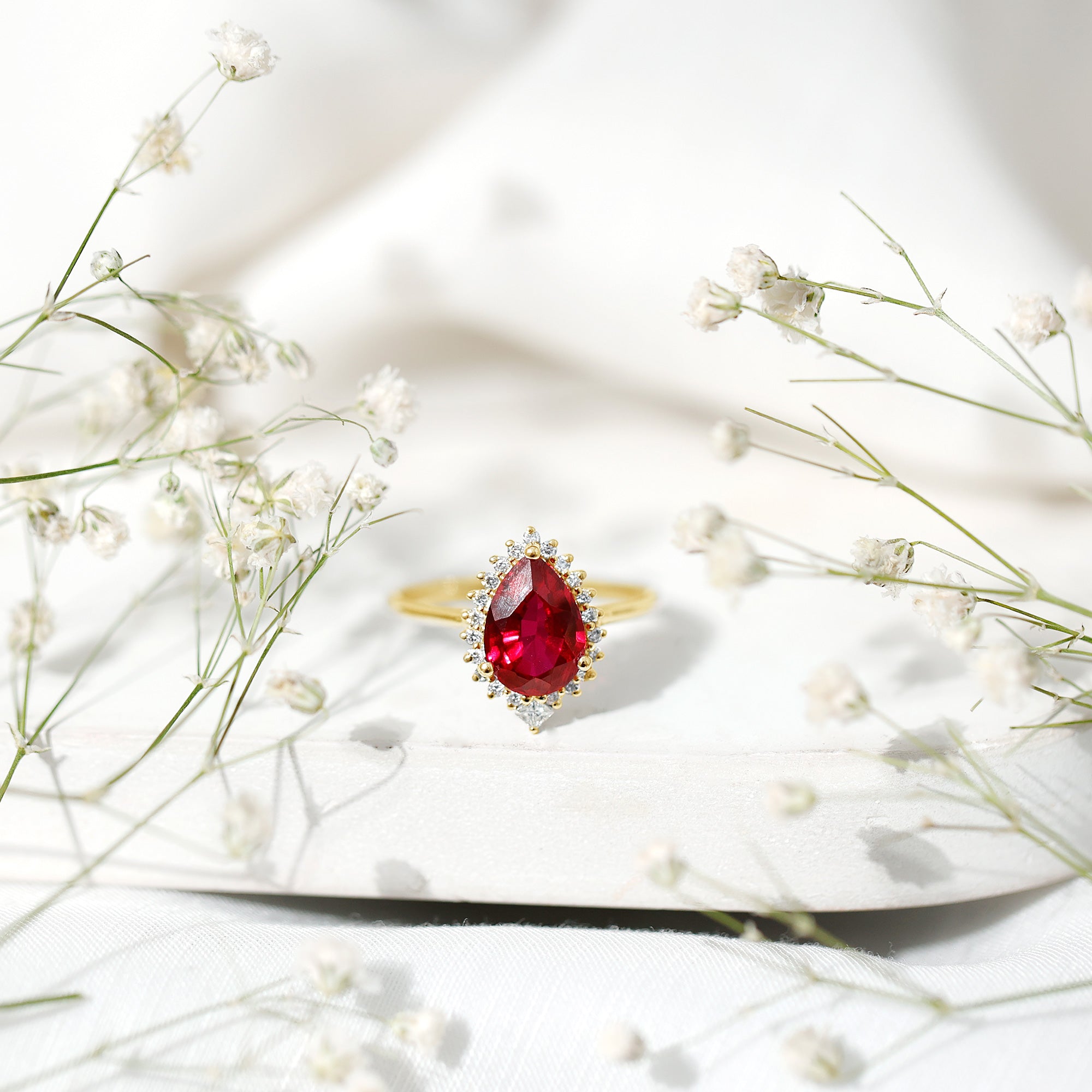 Rosec Jewels-Lab Ruby Teardrop Engagement Ring with Diamond Halo