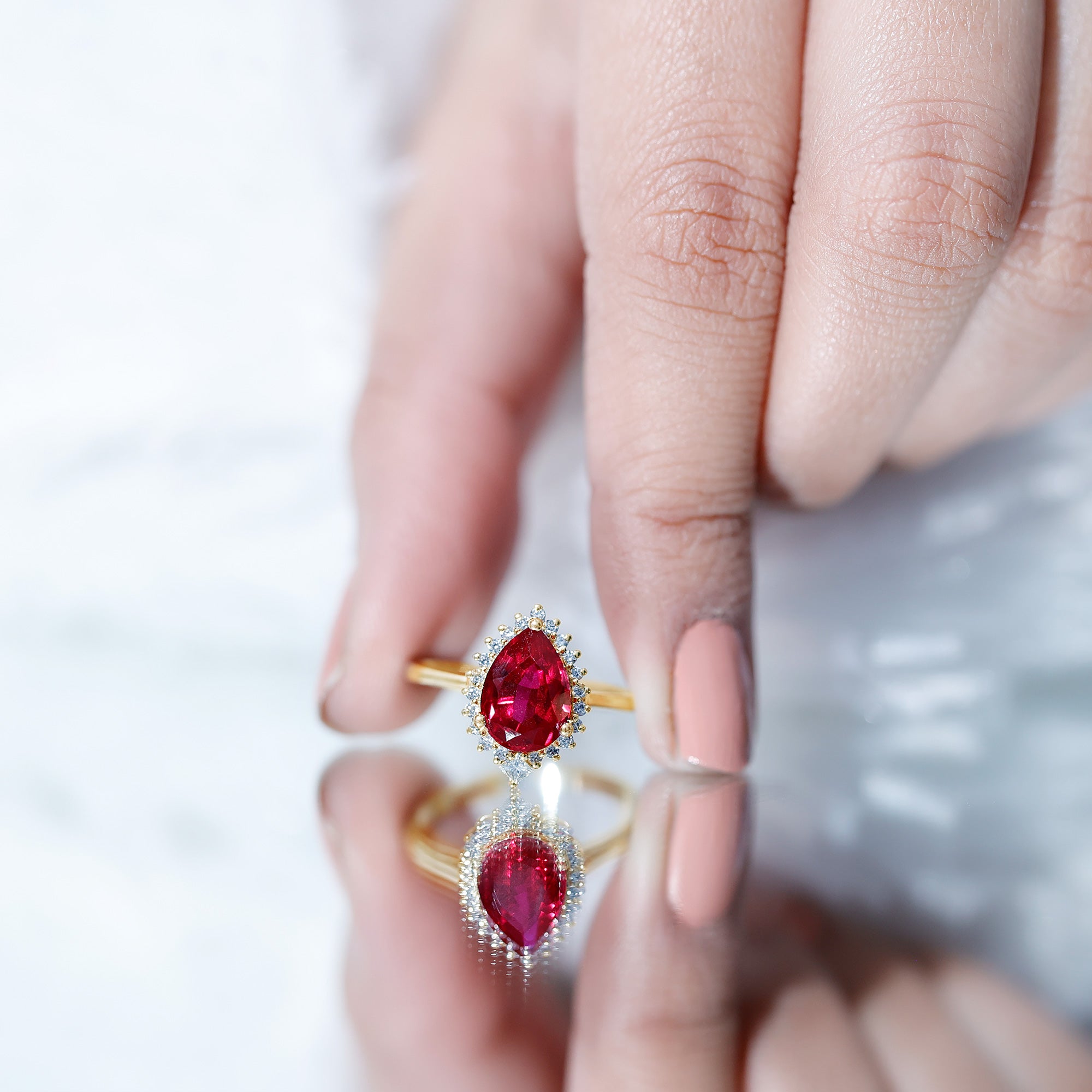 Rosec Jewels-Lab Ruby Teardrop Engagement Ring with Diamond Halo