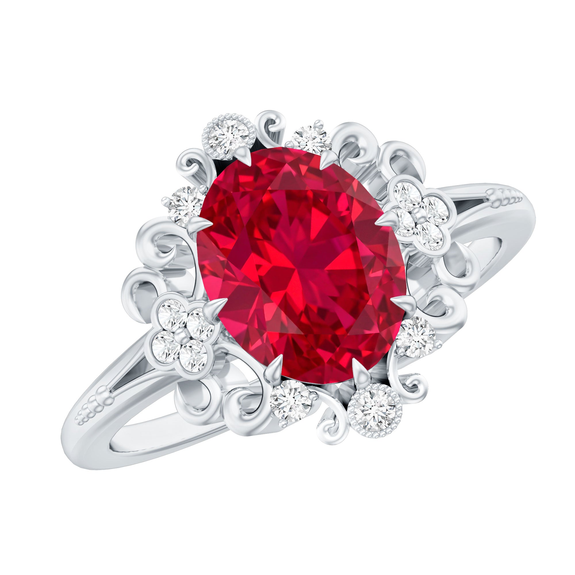 Vintage Inspired Lab Created Ruby and Diamond Engagement Ring AAAA - Rosec Jewels