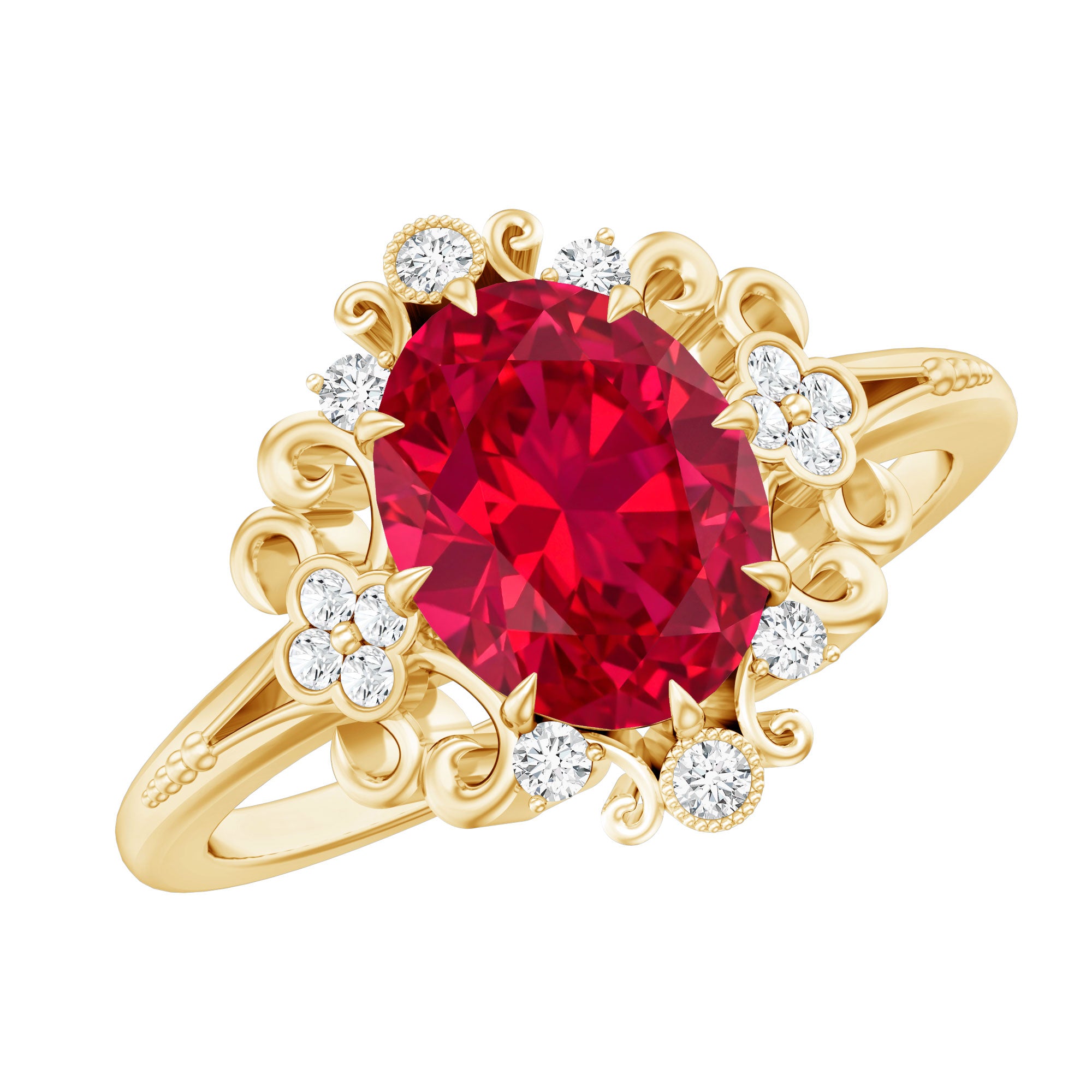 Vintage Inspired Lab Created Ruby and Diamond Engagement Ring AAAA - Rosec Jewels