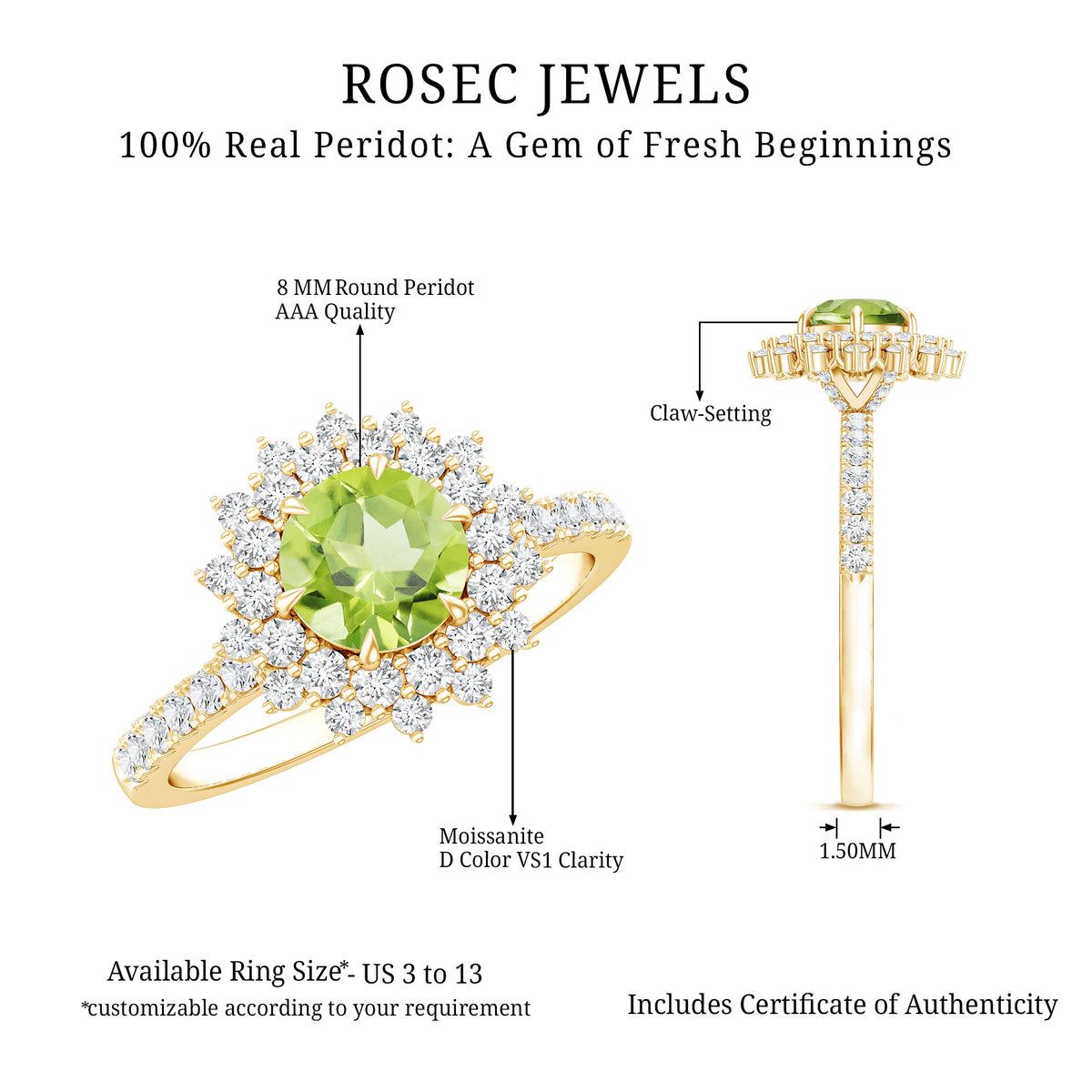 Certified Real 2 Carat Peridot Statement Engagement Ring AAA - Rosec Jewels