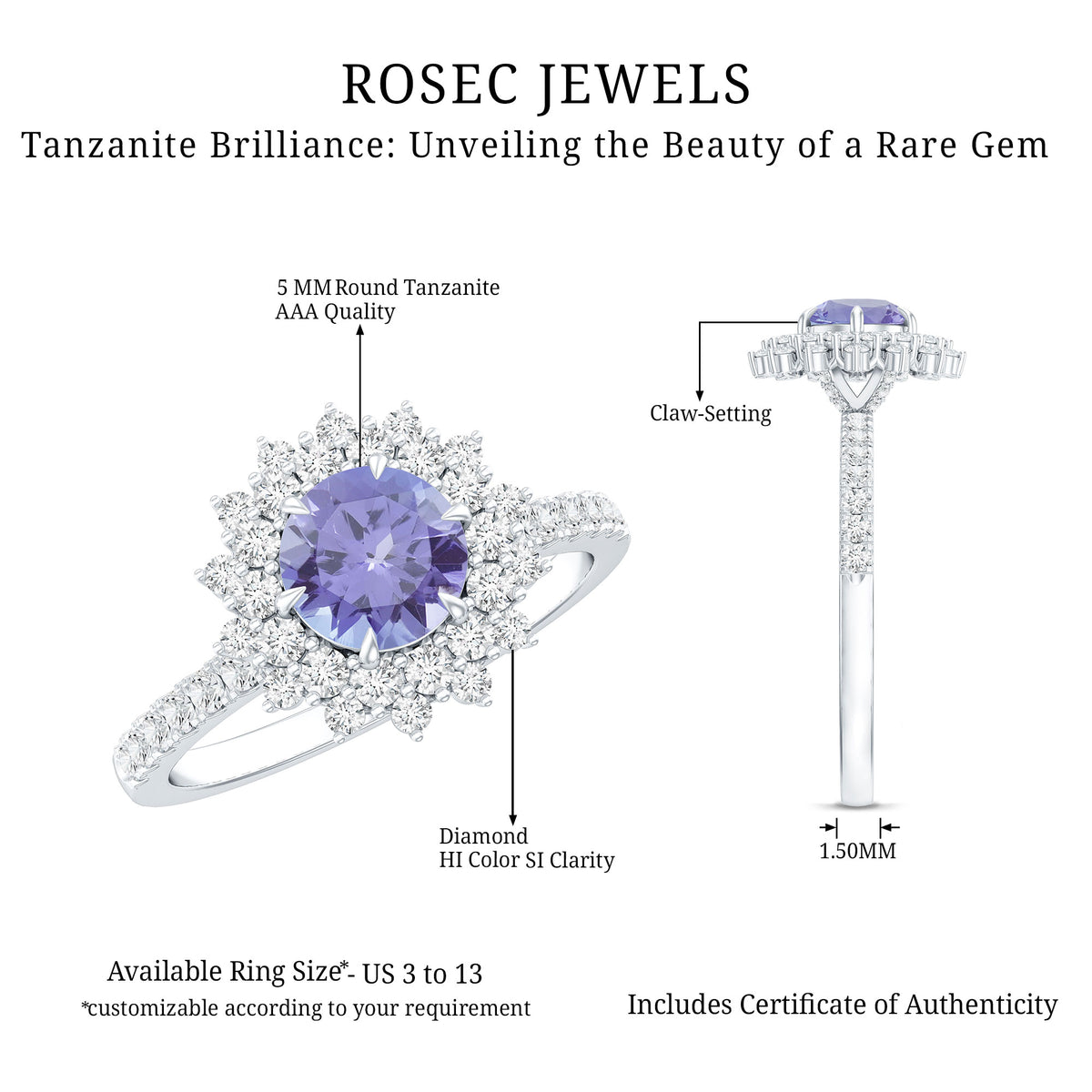 Natural Tanzanite Diamond Engagement Ring with Double Halo AAA - Rosec Jewels