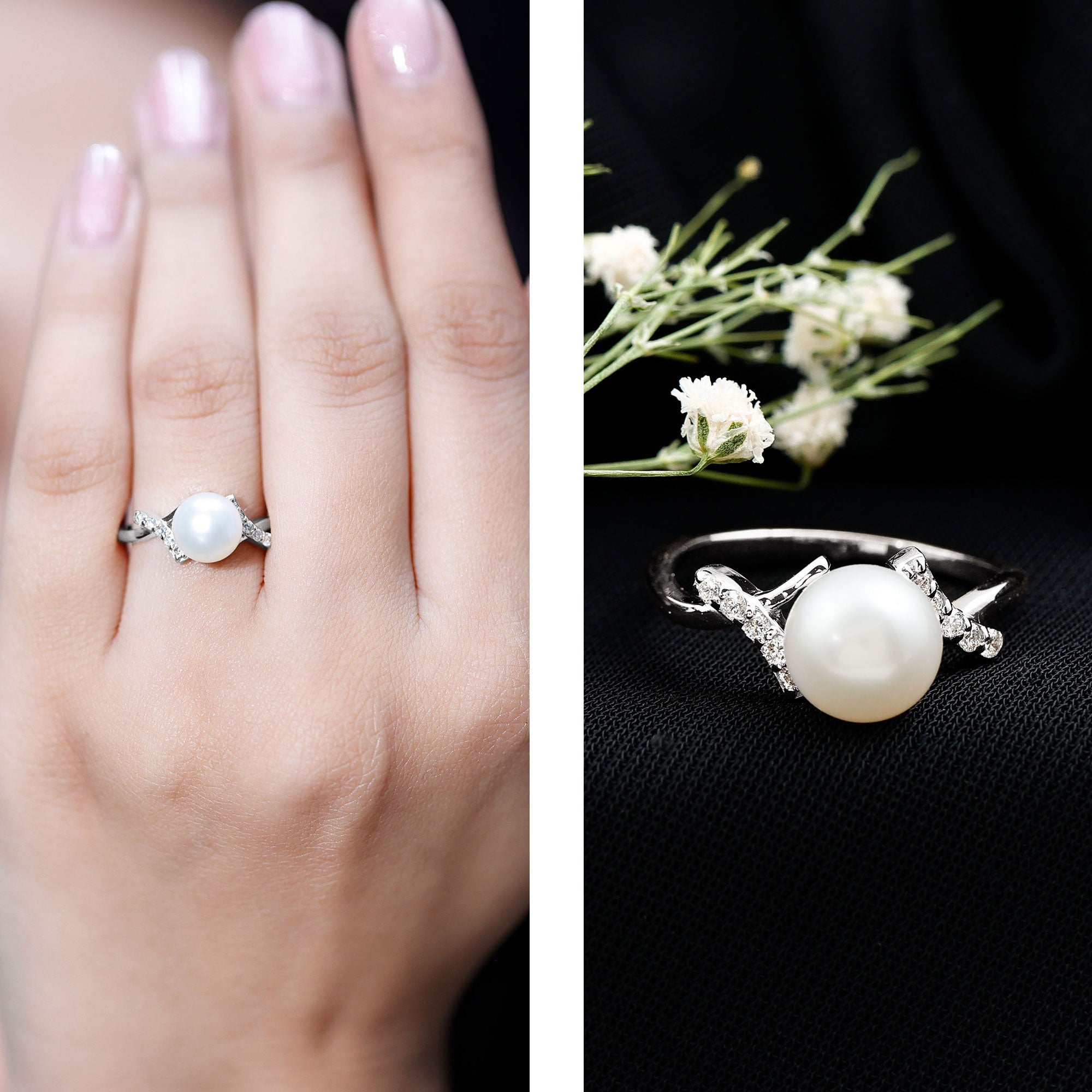 Pure Freshwater Pearl Solitaire Crossover Ring with Diamond AAA - Rosec Jewels