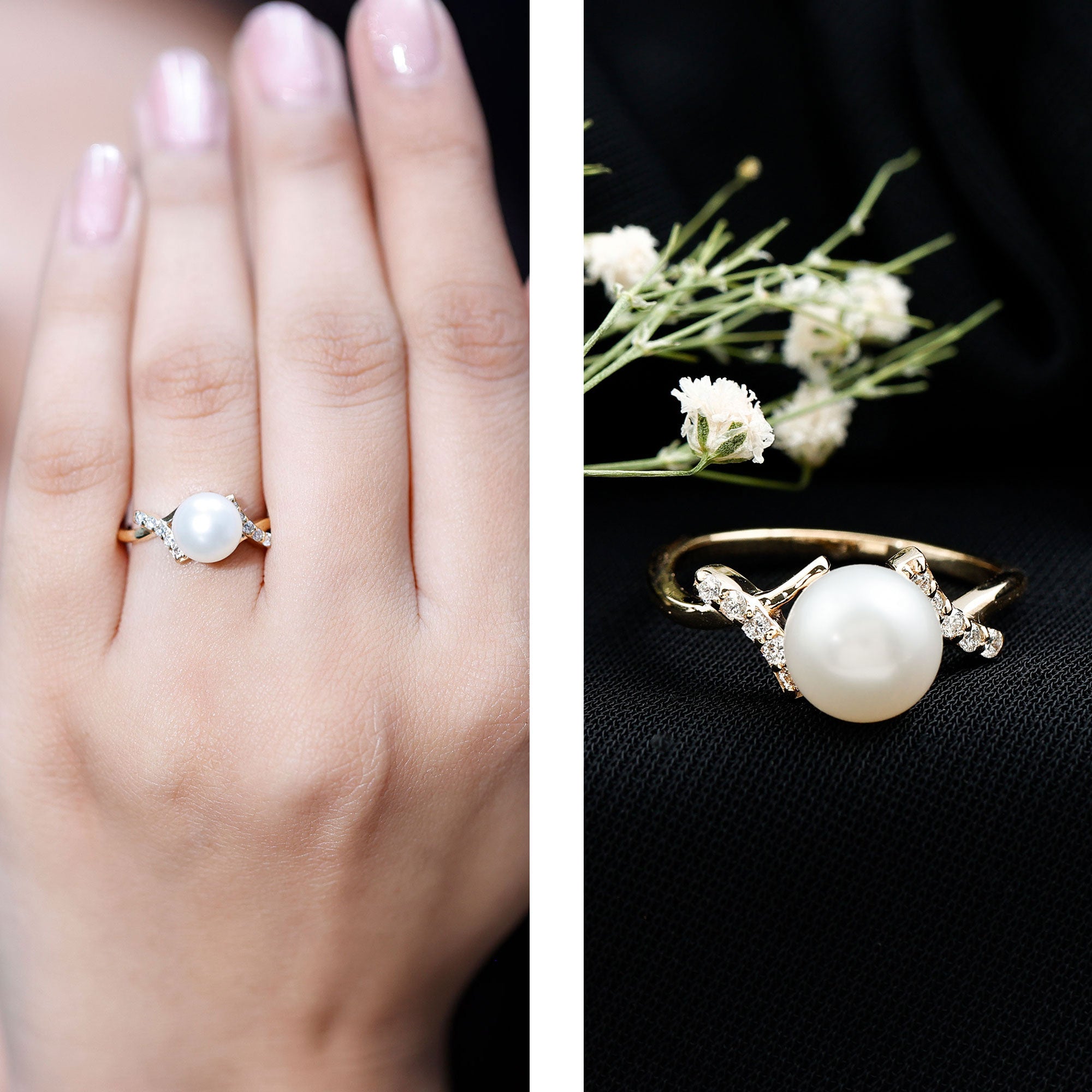 Pure Freshwater Pearl Solitaire Crossover Ring with Diamond AAA - Rosec Jewels