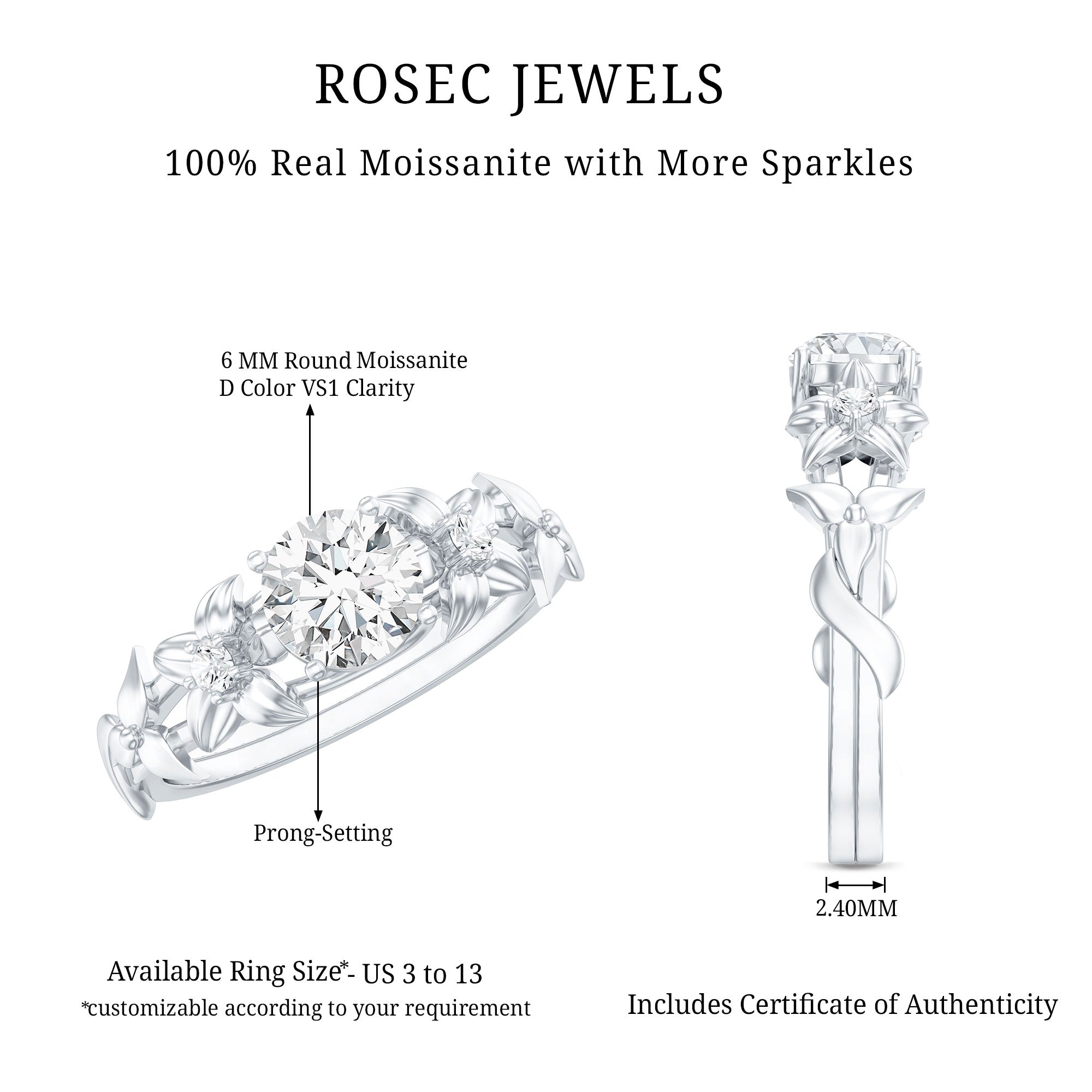 Round Cut 6 MM Moissanite Floral Engagement Ring D-VS1 - Rosec Jewels