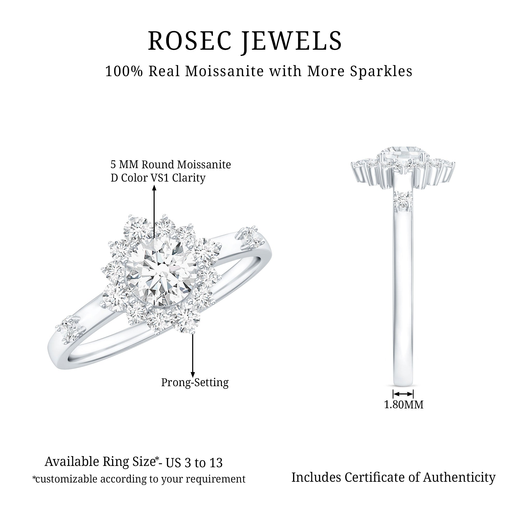 Rosec Jewels-Round Moissanite Engagement Ring with Halo
