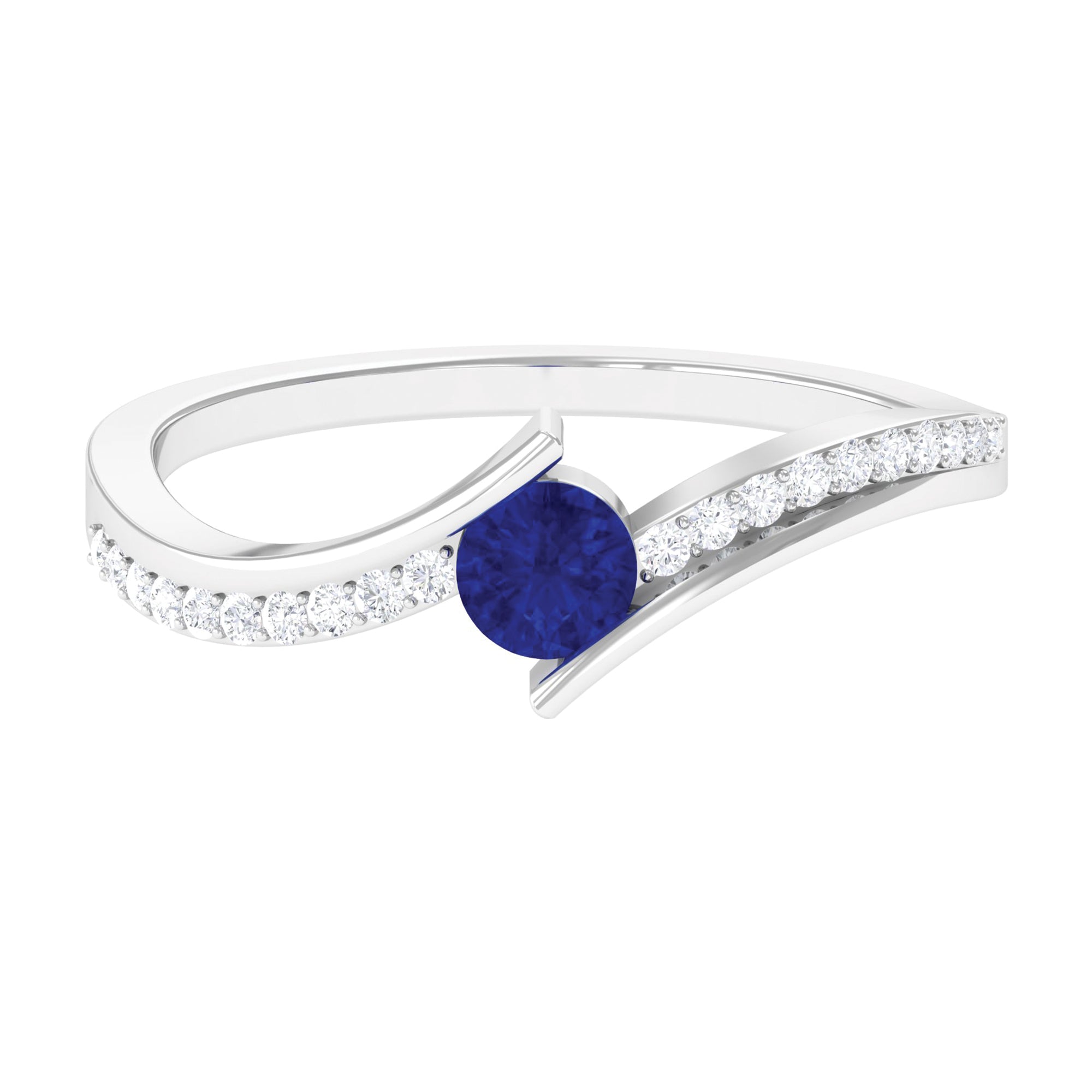 Rosec Jewels-Round Genuine Blue Sapphire Bypass Engagement Ring with Diamond