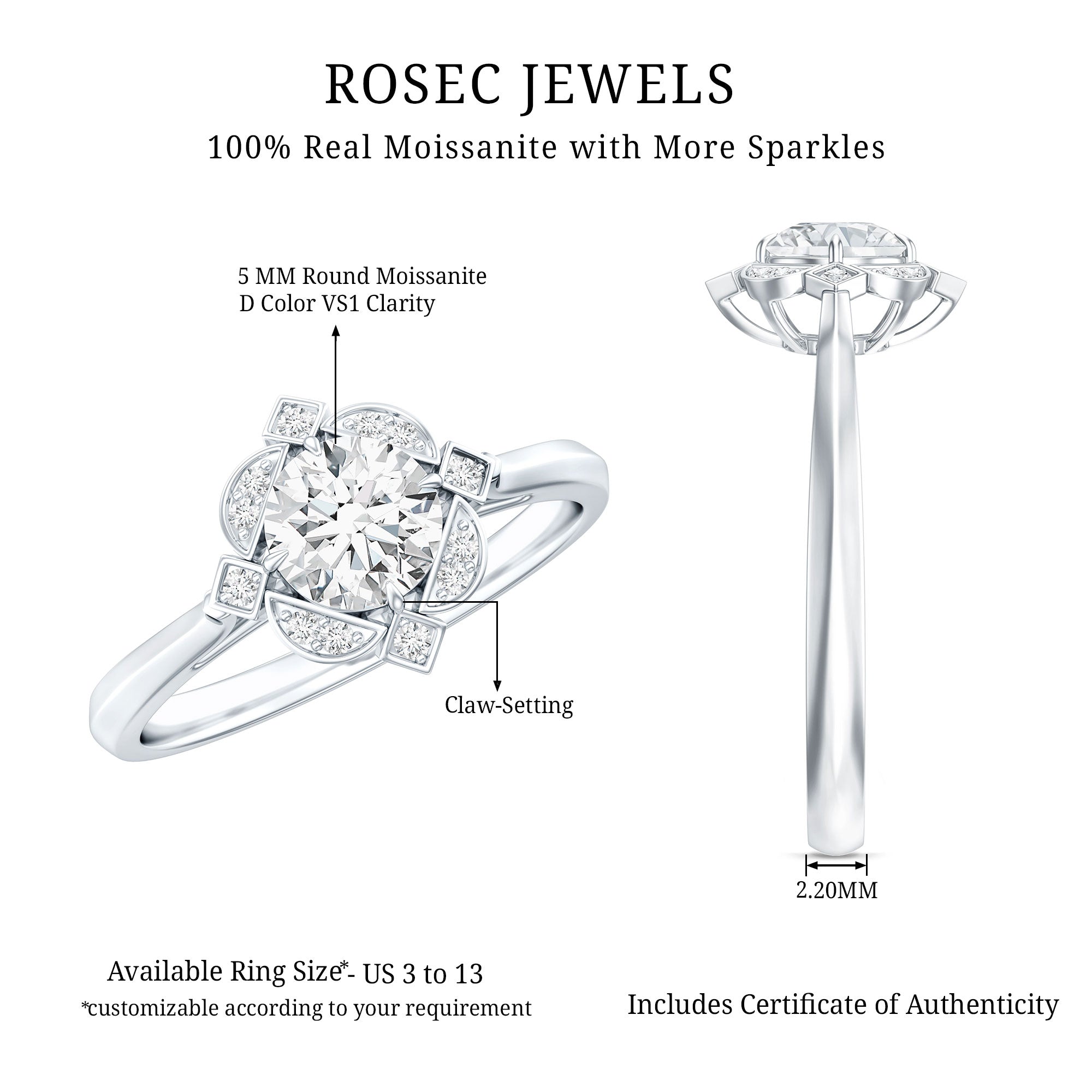 Rosec Jewels-Vintage Inspired Moissanite Engagement Ring With Certificate